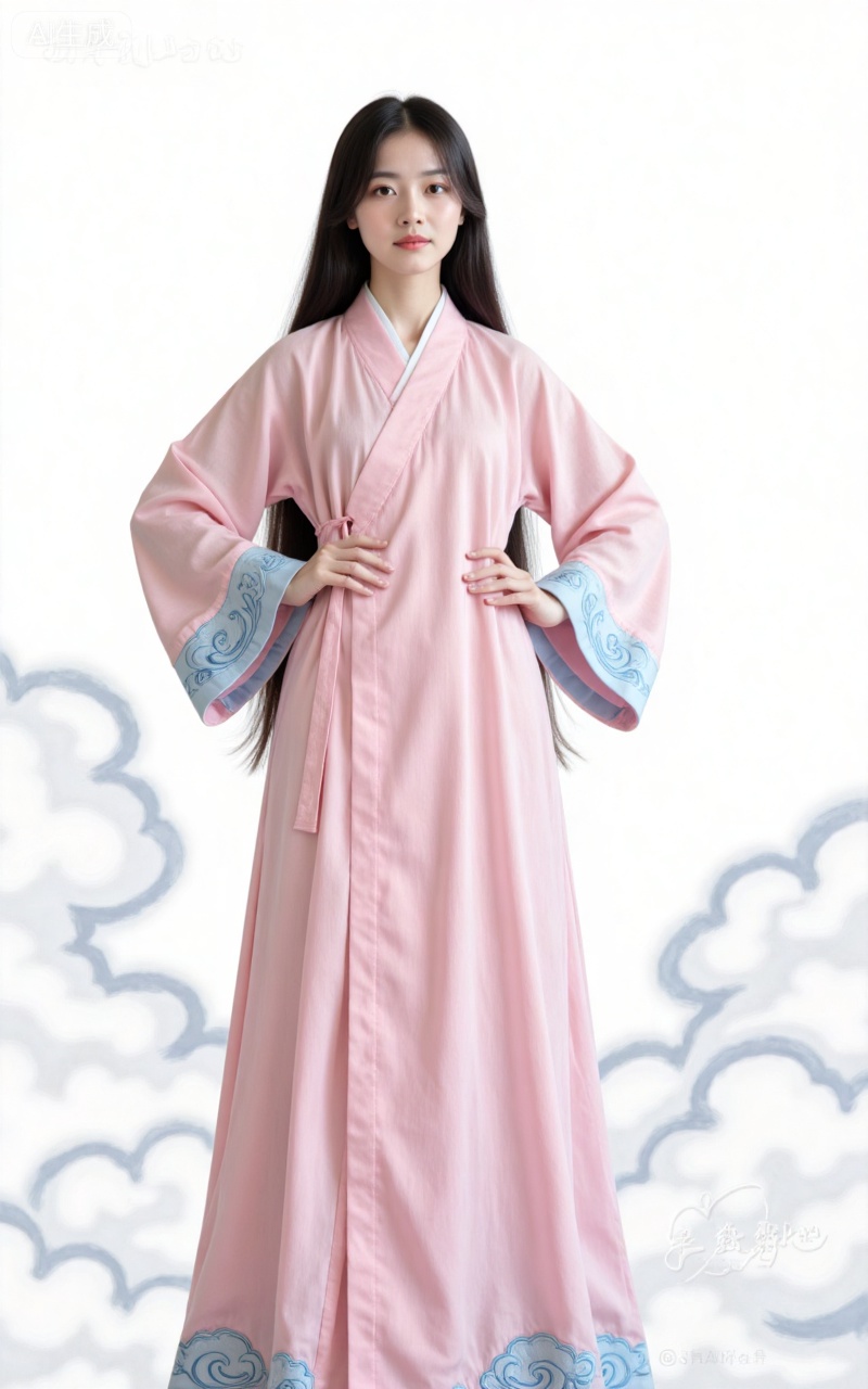 1girl,solo,black hair,long hair,grey eyes,fair_skin,white background,simple background,wide sleeves,long sleeves,standing,transparent background,robe,cloud,hands on own hips,chinese clothes,fuzhuang,lvjing