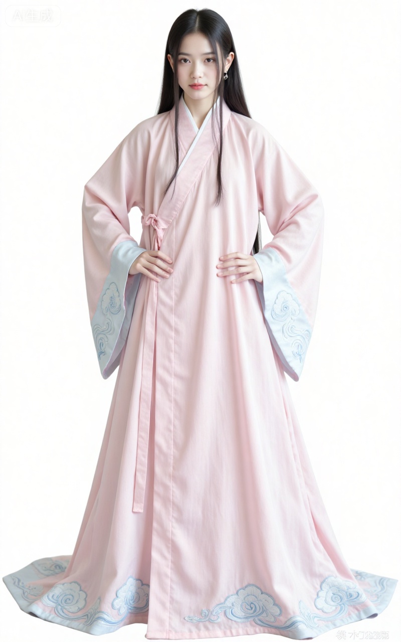 1girl,solo,black hair,long hair,grey eyes,fair_skin,white background,simple background,wide sleeves,long sleeves,standing,transparent background,robe,cloud,hands on own hips,chinese clothes,fuzhuang,lvjing