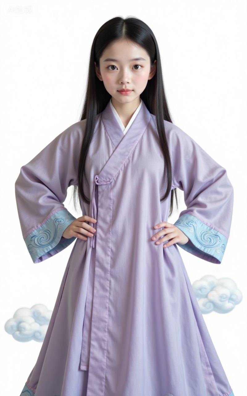 1girl,solo,black hair,long hair,grey eyes,fair_skin,white background,simple background,wide sleeves,long sleeves,standing,transparent background,robe,cloud,hands on own hips,chinese clothes,fuzhuang,lvjing