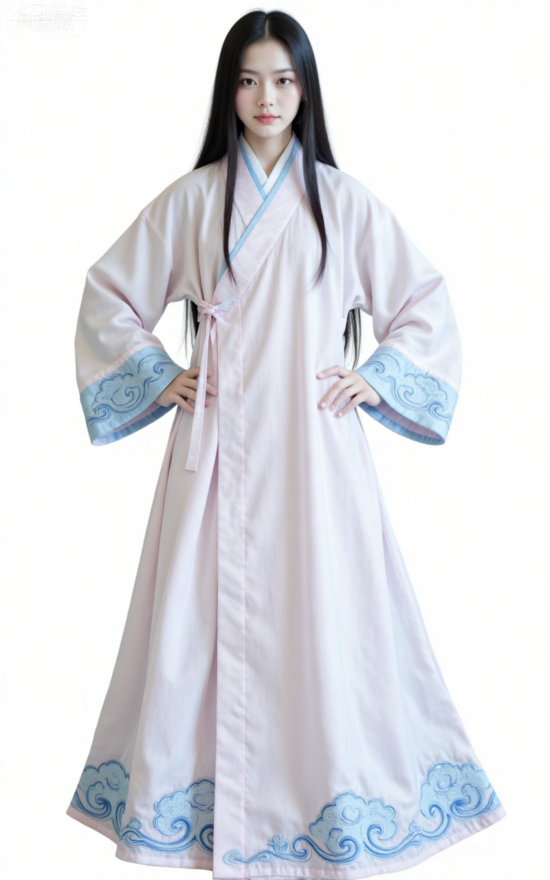1girl,solo,black hair,long hair,grey eyes,fair_skin,white background,simple background,wide sleeves,long sleeves,standing,transparent background,robe,cloud,hands on own hips,chinese clothes,fuzhuang,lvjing