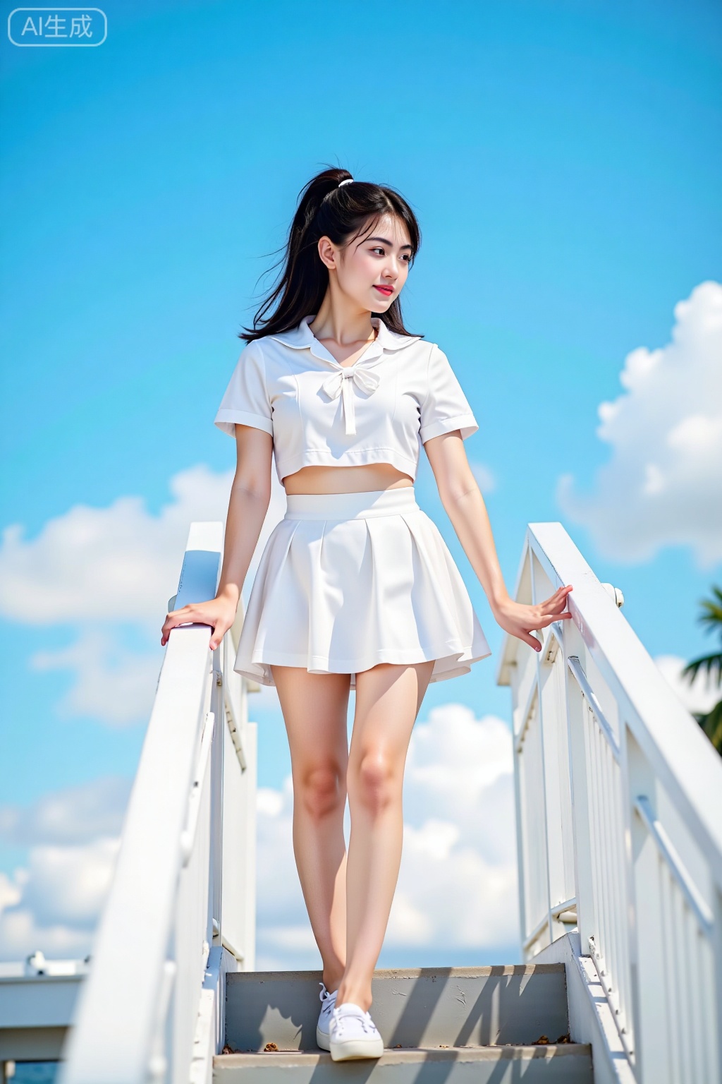A masterwork of real photography captures a stunning girl clad in a crisp white sailor uniform,  her short-sleeved white s...