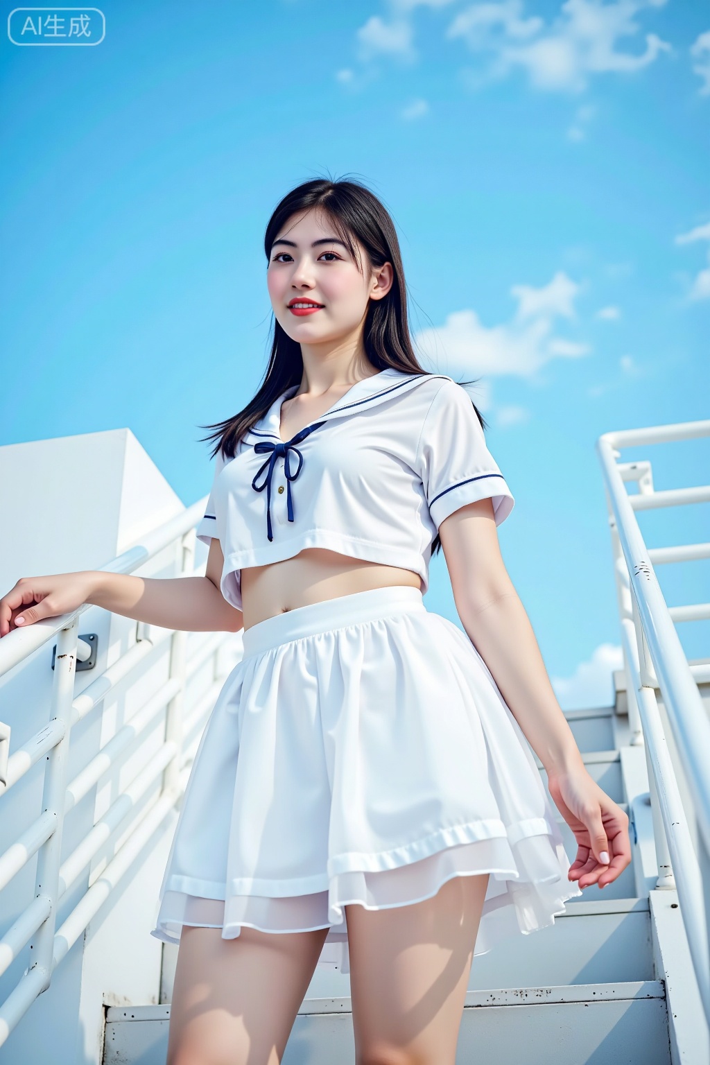 A masterwork of real photography captures a stunning girl clad in a crisp white sailor uniform,  her short-sleeved white s...
