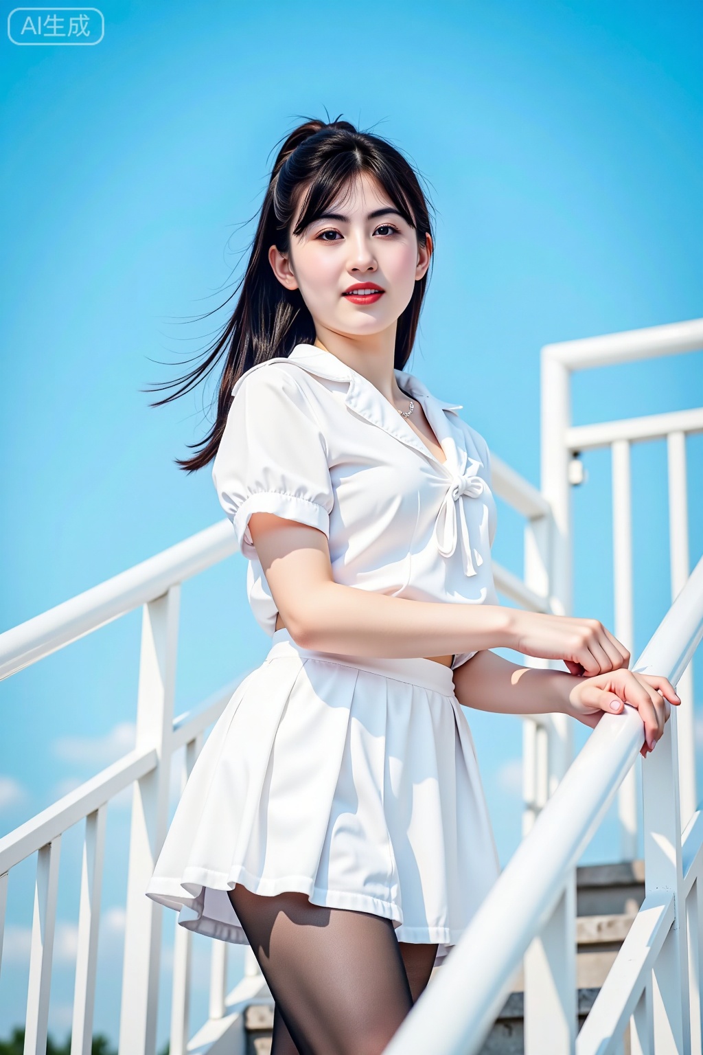 A masterwork of real photography captures a stunning girl clad in a crisp white sailor uniform,  her short-sleeved white s...