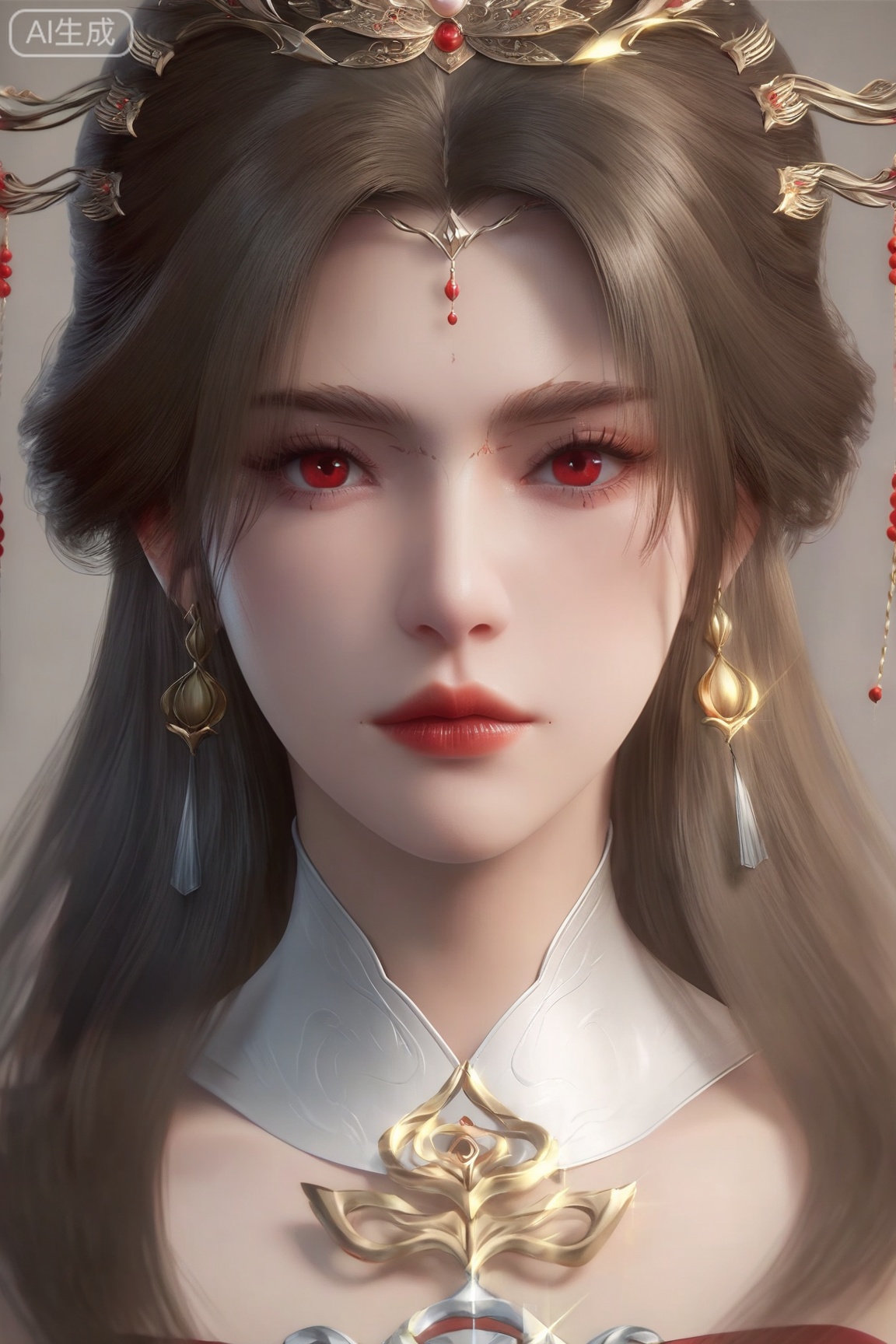 1girl, solo, long hair, looking at viewer, brown hair, hair ornament, red eyes, jewelry, closed mouth, upper body, earrings, detached collar, portrait, red lips, 
score_9, score_8_up, score_7_up,highly detailed digital,CG,