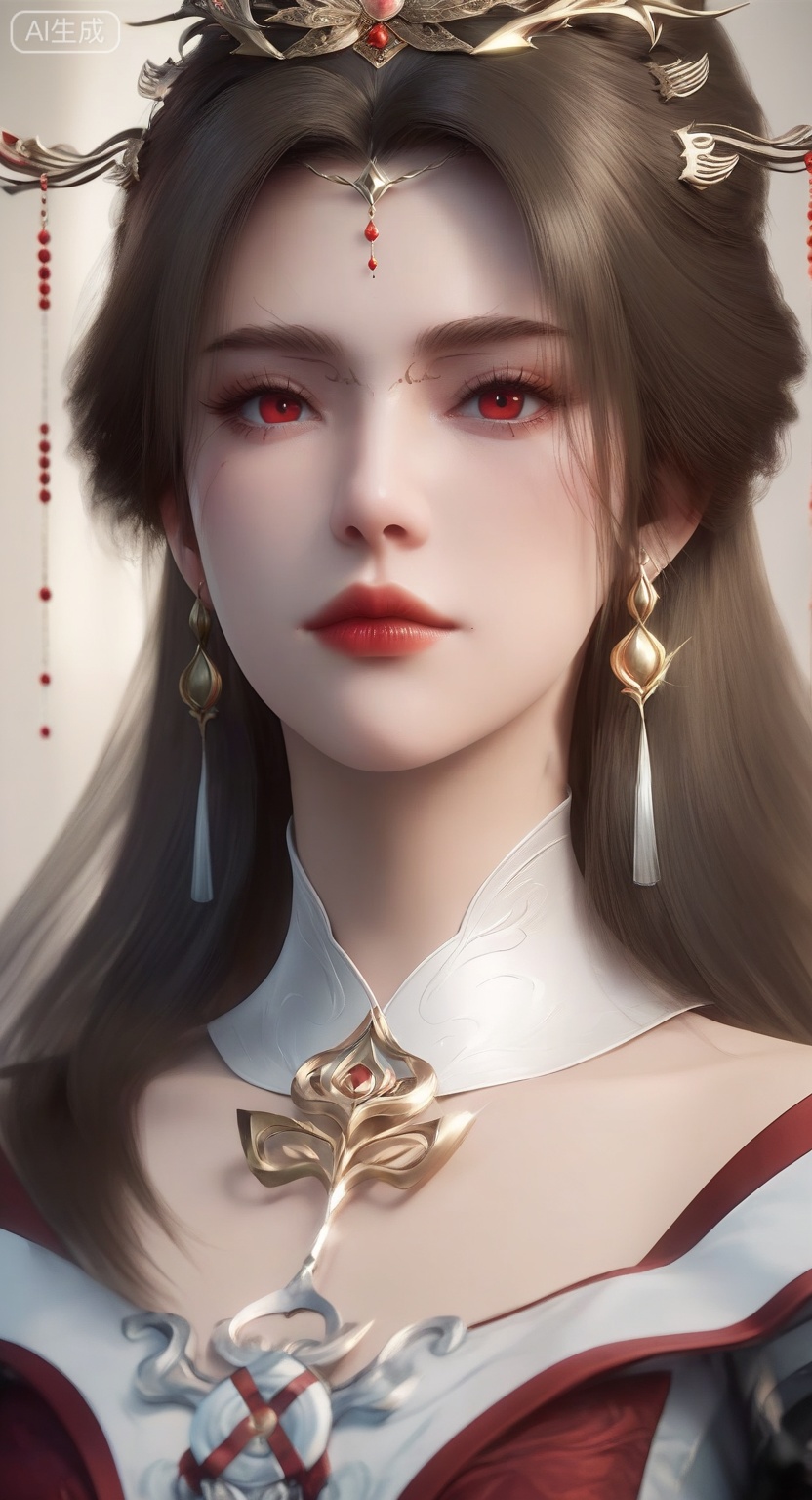 1girl, solo, long hair, looking at viewer, brown hair, hair ornament, red eyes, jewelry, closed mouth, upper body, earrings, detached collar, portrait, red lips, 
score_9, score_8_up, score_7_up,highly detailed digital,CG,