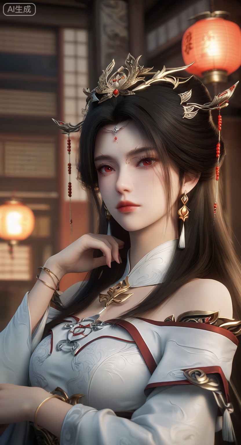1girl, solo, long hair, brown hair, black hair, hair ornament, red eyes, long sleeves, dress, bare shoulders, jewelry, upper body, earrings, indoors, white dress, bracelet, chinese clothes, forehead mark, 
score_9, score_8_up, score_7_up,highly detailed digital,CG,