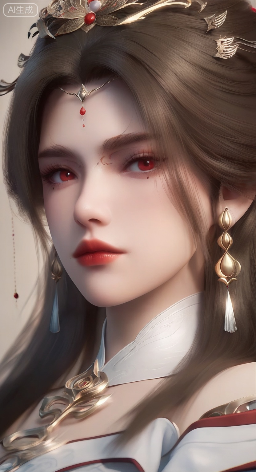1girl, solo, long hair, looking at viewer, brown hair, hair ornament, red eyes, jewelry, closed mouth, upper body, earrings, detached collar, portrait, red lips, 
score_9, score_8_up, score_7_up,highly detailed digital,CG,