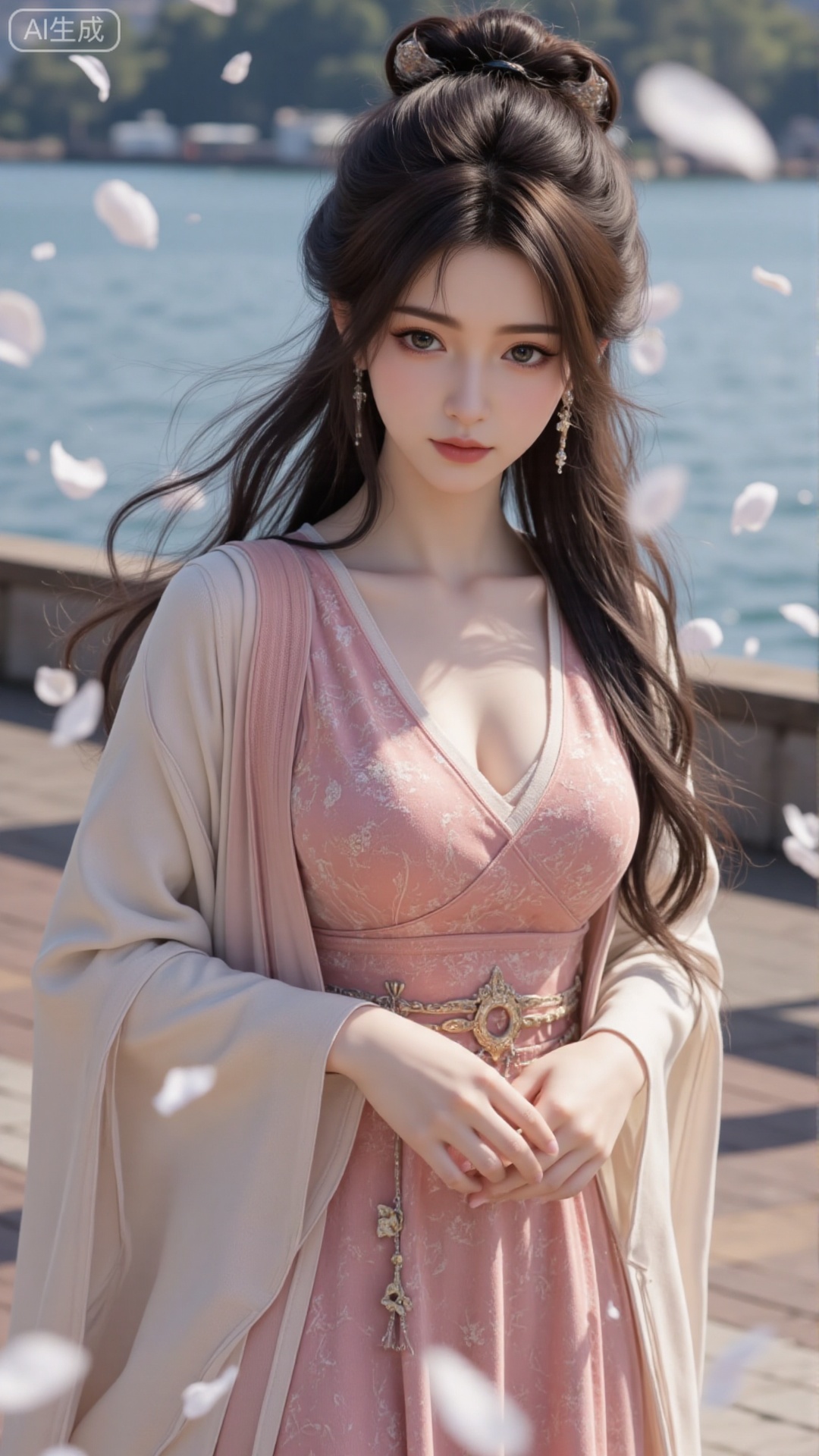 Create a high-definition and delicate picture of a character in a dreamy setting in Sydney. The character has a fresh and vibrant appearance with a delicate face and bright white eyes. Long, ancient hair cascades down, adorned with exquisite Sydney ornaments. Dreamy white petals gently fall around her, creating a serene and enchanting atmosphere. Ensure the image is both high-definition and delicate, capturing the essence of Sydney's beauty and the ethereal quality of the scene.