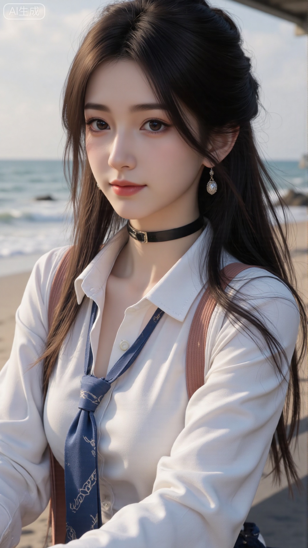 1girl, solo, long hair, breasts, looking at viewer, smile, bangs, shirt, long sleeves, jewelry, school uniform, collarbone, white shirt, upper body, earrings, necktie, choker, collared shirt, grin, black choker, piercing, ear piercing, blue necktie, kitagawa marin
,skin details, subsurface scattering, intricate textures, realistic material rendering, cinematic lighting, art style, photorealistic 8k,lightshadow,line art,shadow,masterpiece,best quality,good quality,very aesthetic,A shot with tension,impactful picture,offcial art,movie perspective,masterpiece,facing the lens,best quality,very aesthetic,extremely delicate and beautiful,huge filesize,amazing quality,Blurred foreground,solo_focus,simple_background,depth_of_field,sunlight,reflective,masterful details,intricate details,soothing tones,high contrast,natural skin texture,soft light,sharp,ultra-high resolution,32K UHD,reality