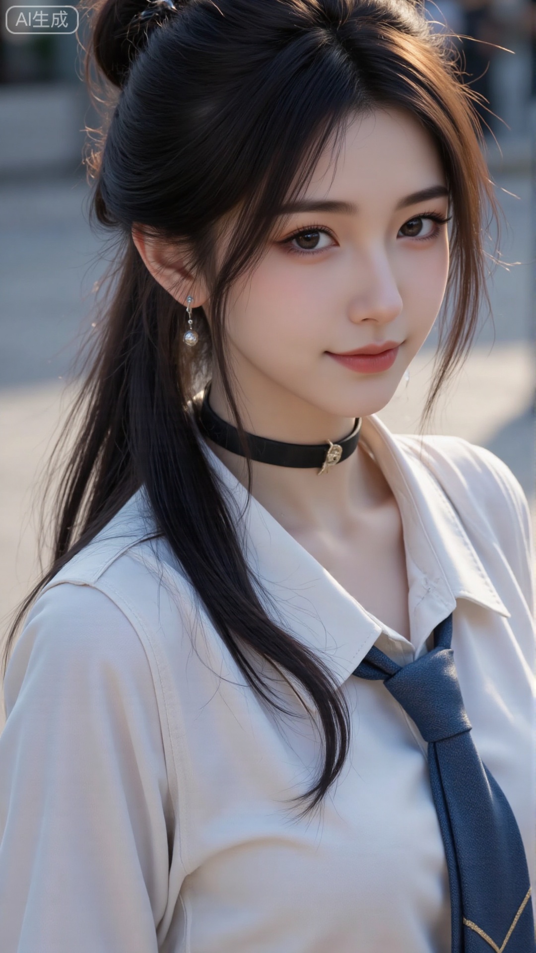 1girl, solo, long hair, breasts, looking at viewer, smile, bangs, shirt, long sleeves, jewelry, school uniform, collarbone, white shirt, upper body, earrings, necktie, choker, collared shirt, grin, black choker, piercing, ear piercing, blue necktie, kitagawa marin
,skin details, subsurface scattering, intricate textures, realistic material rendering, cinematic lighting, art style, photorealistic 8k,lightshadow,line art,shadow,masterpiece,best quality,good quality,very aesthetic,A shot with tension,impactful picture,offcial art,movie perspective,masterpiece,facing the lens,best quality,very aesthetic,extremely delicate and beautiful,huge filesize,amazing quality,Blurred foreground,solo_focus,simple_background,depth_of_field,sunlight,reflective,masterful details,intricate details,soothing tones,high contrast,natural skin texture,soft light,sharp,ultra-high resolution,32K UHD,reality