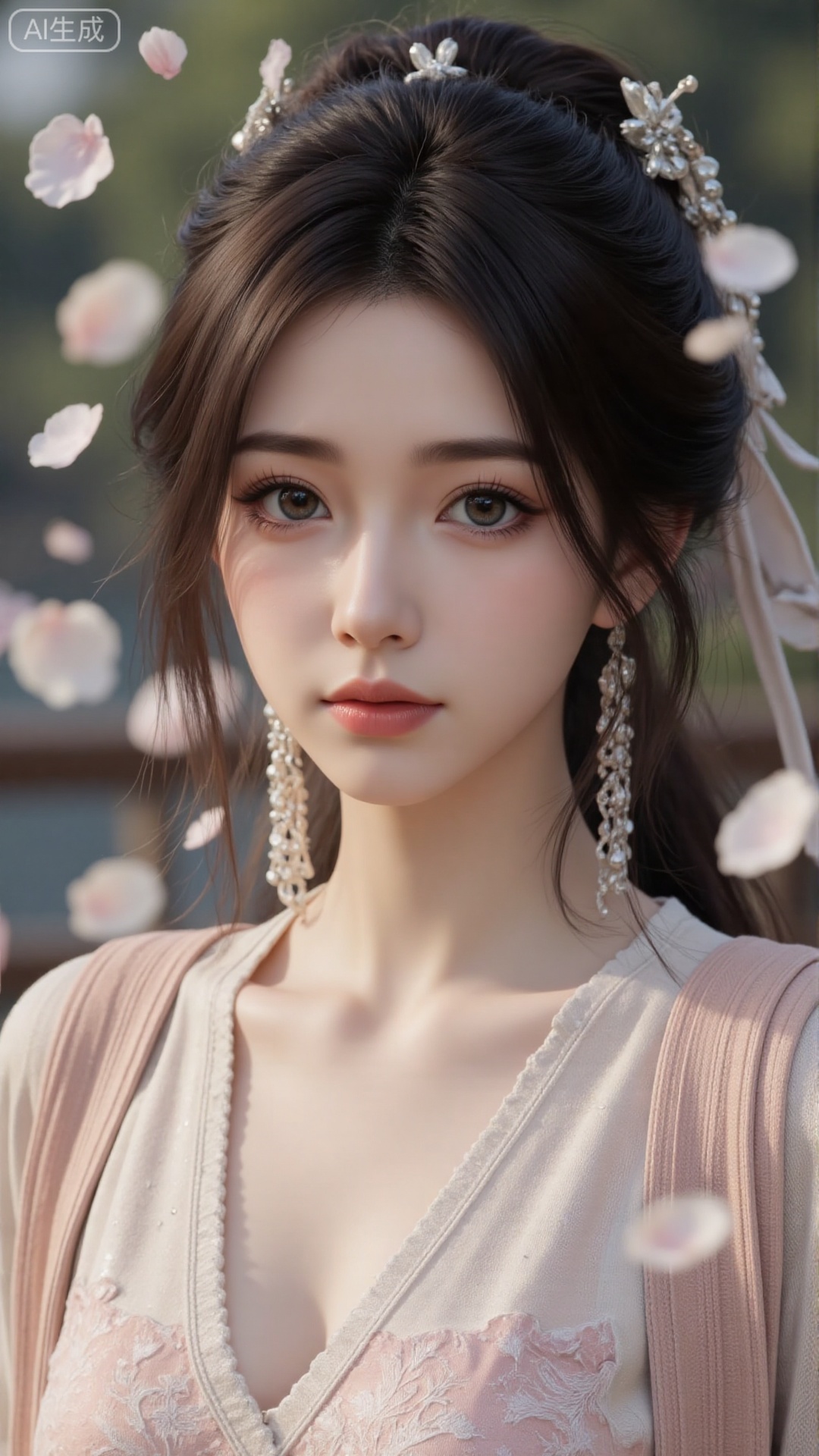 Create a high-definition and delicate picture of a character in a dreamy setting in Sydney. The character has a fresh and vibrant appearance with a delicate face and bright white eyes. Long, ancient hair cascades down, adorned with exquisite Sydney ornaments. Dreamy white petals gently fall around her, creating a serene and enchanting atmosphere. Ensure the image is both high-definition and delicate, capturing the essence of Sydney's beauty and the ethereal quality of the scene.