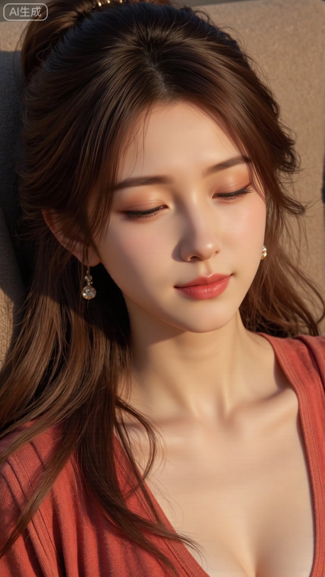 a beautiful woman with fair skin and long wavy brown hair lying down with a serene smile. She wears red lipstick and has d...