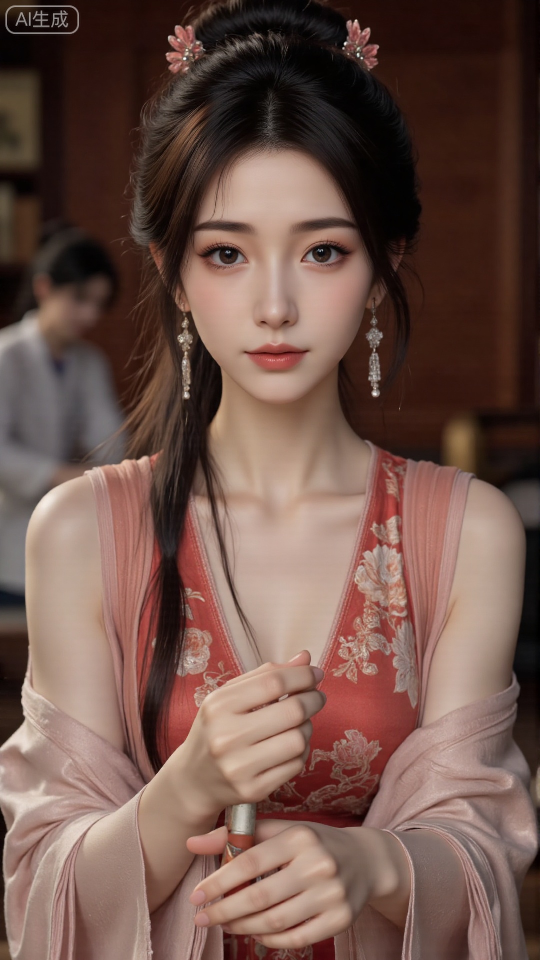 The top tall and sexy goddess has slender willow-leaf eyebrows, peach blossom eyes, plump and thick eyebrows. The eyes and eyes convey emotions, which are very charming. She was wearing a gorgeous sexy silk cheongsam, with a grand hairstyle. Her skin was as fair as jade, her facial features were delicate and three-dimensional, high-end and atmospheric. Her eyes were lively, as if she could attract people's hearts. She sat in a top luxury teahouse to drink tea. She was dignified and elegant. She sat in an elegant posture. The light and shadow effect created a dreamy atmosphere, ultra-high-definition details, extremely realistic, 4K ultra-clear. The clothes were loose and many scenes. Multiple hairstyles. There were multiple postures. The work of the master of the close-up shot.