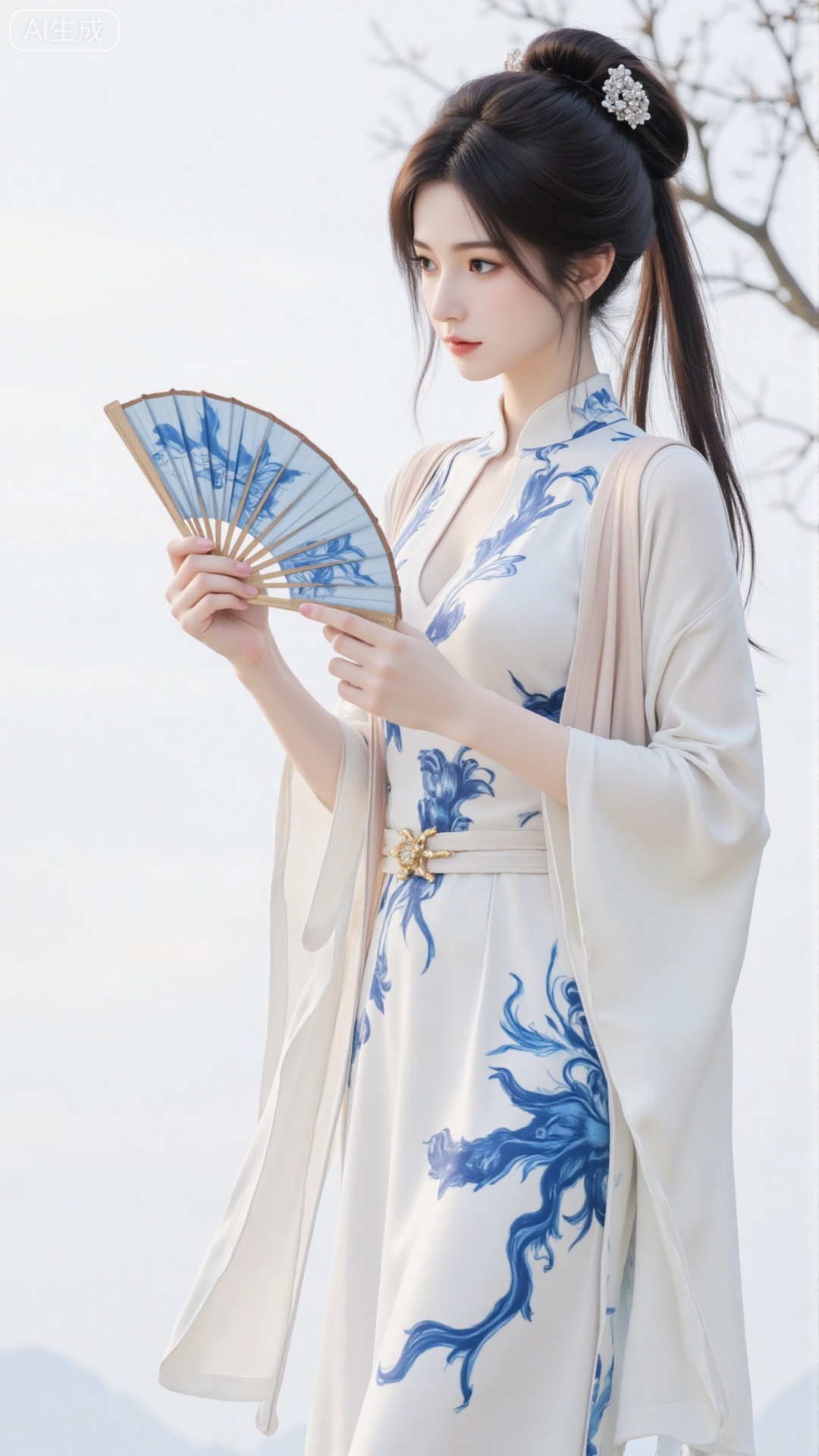 A beautiful fairy, with ice muscles and jade bones, a new Chinese-style improved chiffon tight-fitting cheongsam, with blue and white patterns on the cheongsam, holding a folding fan, free and easy, calligraphy ink floating in the air, white background as the background, charm and coldness coexist, the scene is full of strange tranquility and oppression, realistic photography style, 32k resolution, cold colors, new Chinese style simplicity, visual impact