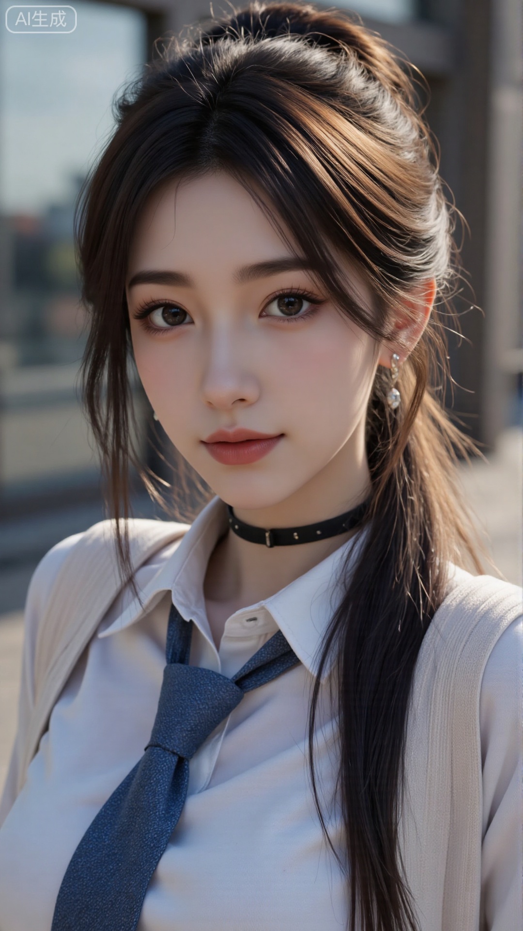 1girl, solo, long hair, breasts, looking at viewer, smile, bangs, shirt, long sleeves, jewelry, school uniform, collarbone, white shirt, upper body, earrings, necktie, choker, collared shirt, grin, black choker, piercing, ear piercing, blue necktie, kitagawa marin
,skin details, subsurface scattering, intricate textures, realistic material rendering, cinematic lighting, art style, photorealistic 8k,lightshadow,line art,shadow,masterpiece,best quality,good quality,very aesthetic,A shot with tension,impactful picture,offcial art,movie perspective,masterpiece,facing the lens,best quality,very aesthetic,extremely delicate and beautiful,huge filesize,amazing quality,Blurred foreground,solo_focus,simple_background,depth_of_field,sunlight,reflective,masterful details,intricate details,soothing tones,high contrast,natural skin texture,soft light,sharp,ultra-high resolution,32K UHD,reality