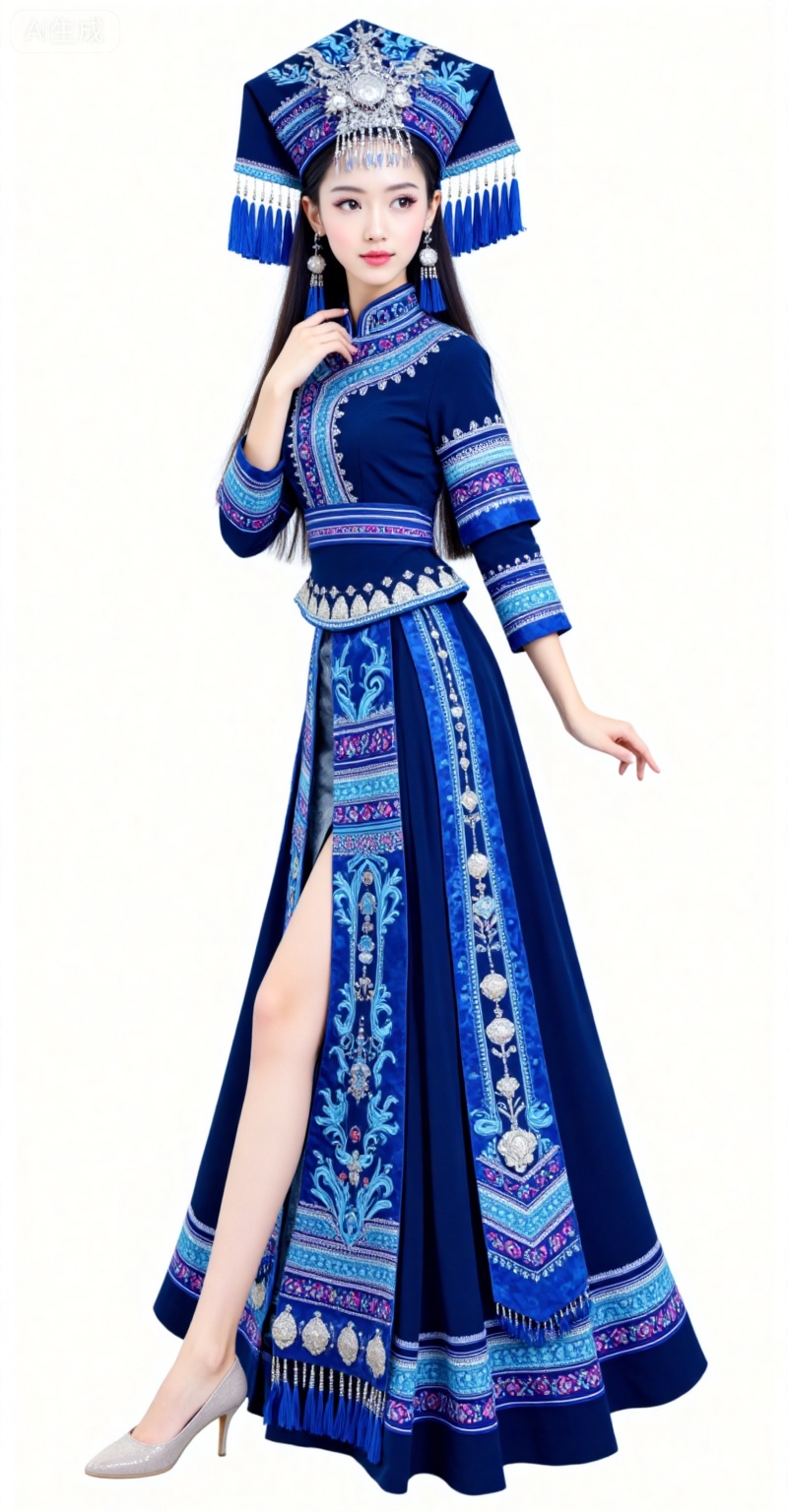 1girl,solo,black hair,long hair,grey eyes,fair_skin,white background,simple background,solo,full body,dress,standing,1girl,blue dress,hat,flower,zhuangzu,lvjing