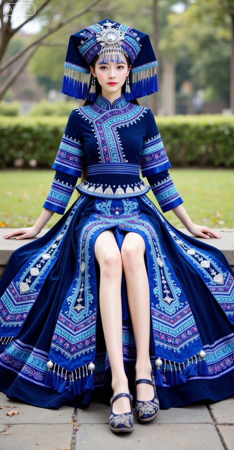 1girl,solo,black hair,long hair,grey eyes,fair_skin,solo,full body,dress,1girl,blue dress,hat,shoes,fsitting,stone,lower,zhuangzu,lvjing,natural_background