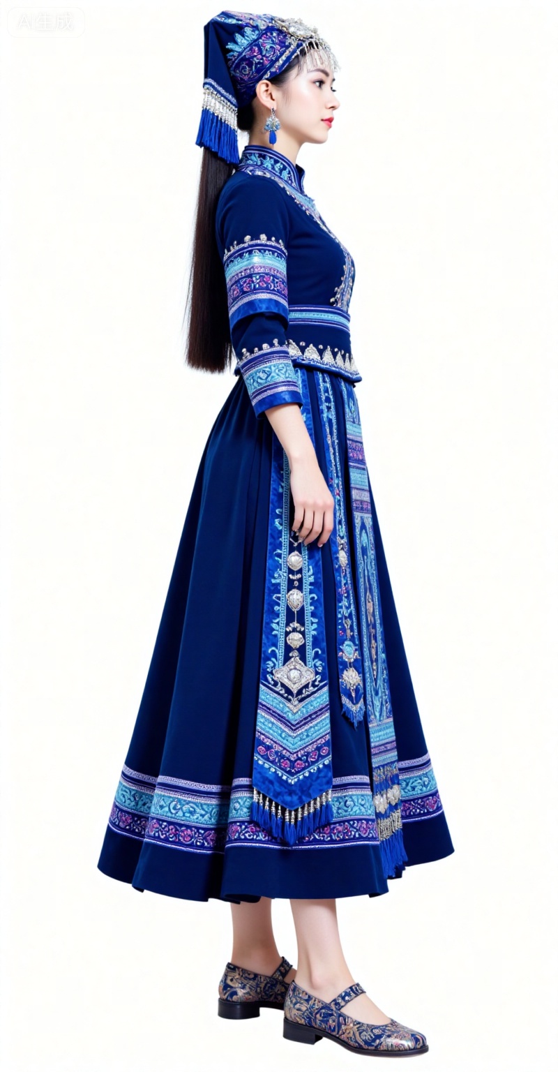 1girl,solo,black hair,long hair,grey eyes,fair_skin,white background,simple background,solo,full body,dress,standing,1girl,blue dress,hat,shoes,flower,zhuangzu,lvjing