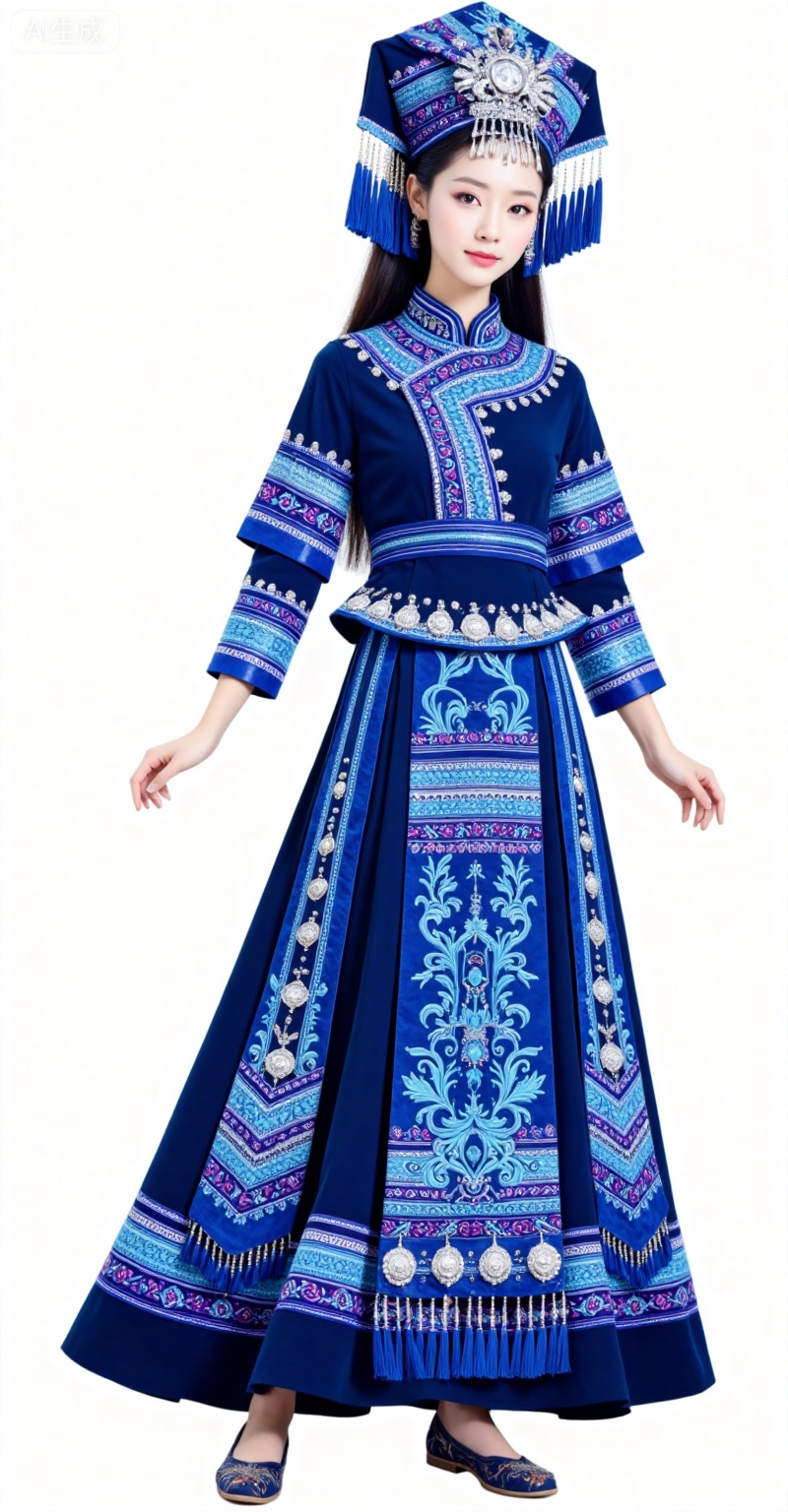 1girl,solo,black hair,long hair,grey eyes,fair_skin,white background,simple background,solo,full body,dress,standing,1girl,blue dress,flower,zhuangzu,lvjing