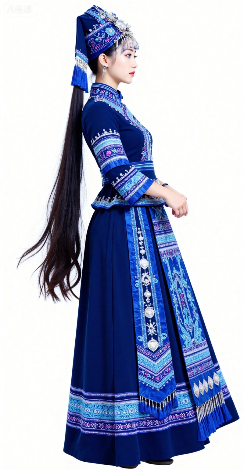 1girl,solo,black hair,long hair,grey eyes,fair_skin,white background,simple background,solo,full body,dress,standing,1girl,blue dress,hat,flower,zhuangzu,lvjing