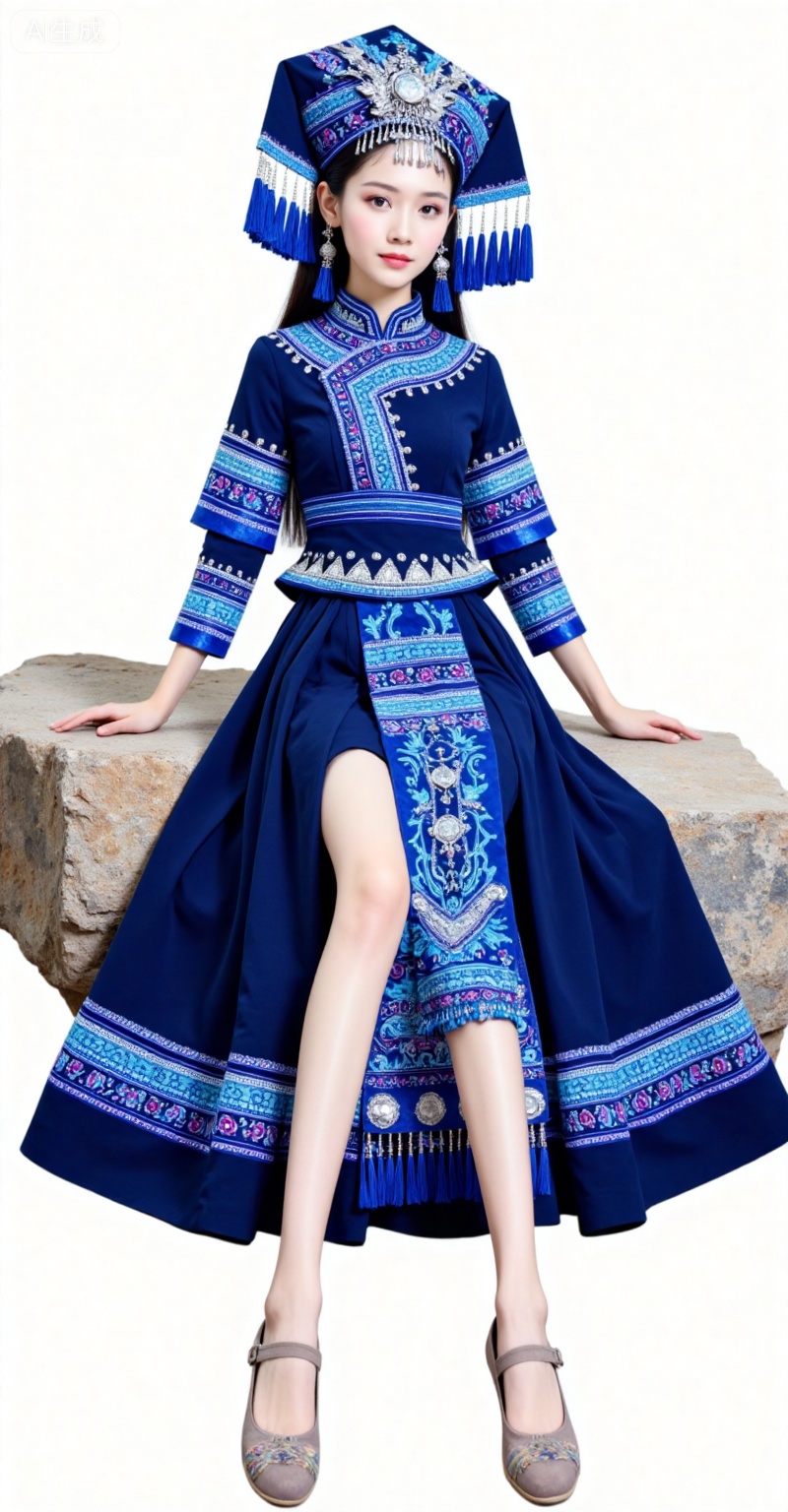 1girl,solo,black hair,long hair,grey eyes,fair_skin,white background,simple background,solo,full body,dress,1girl,blue dress,hat,shoes,fsitting,stone,lower,zhuangzu,lvjing