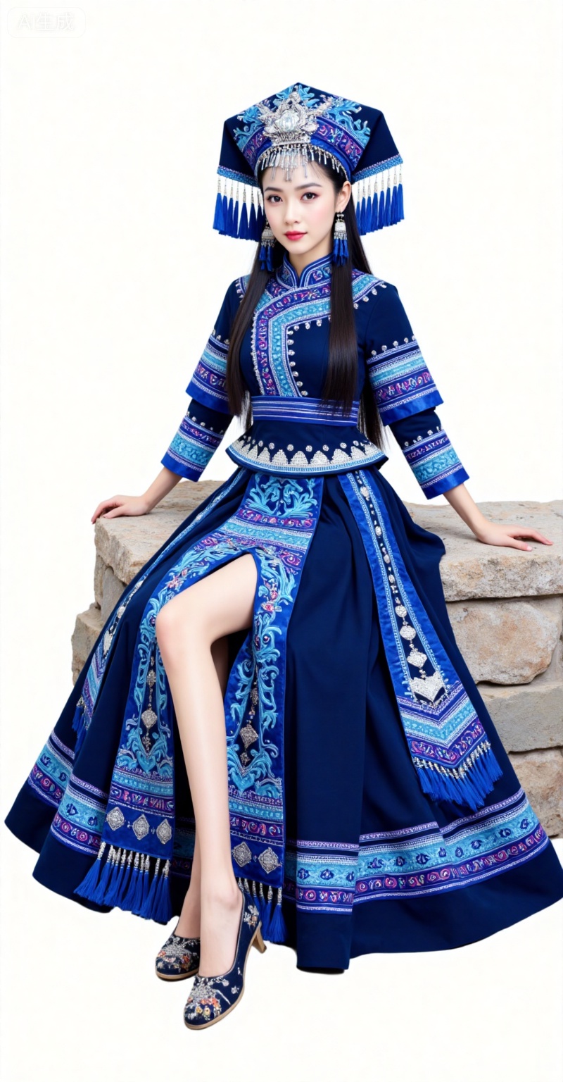 1girl,solo,black hair,long hair,grey eyes,fair_skin,white background,simple background,solo,full body,dress,1girl,blue dress,hat,shoes,fsitting,stone,lower,zhuangzu,lvjing