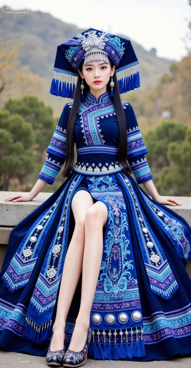 1girl,solo,black hair,long hair,grey eyes,fair_skin,solo,full body,dress,1girl,blue dress,hat,shoes,fsitting,stone,lower,zhuangzu,lvjing,natural_background