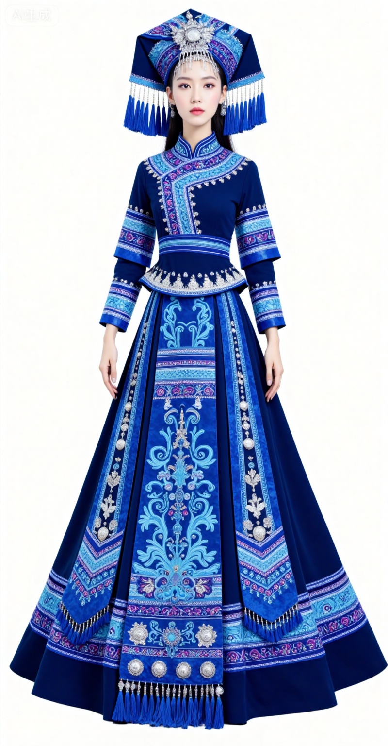 1girl,solo,black hair,long hair,grey eyes,fair_skin,white background,simple background,solo,full body,dress,standing,1girl,blue dress,flower,zhuangzu,lvjing