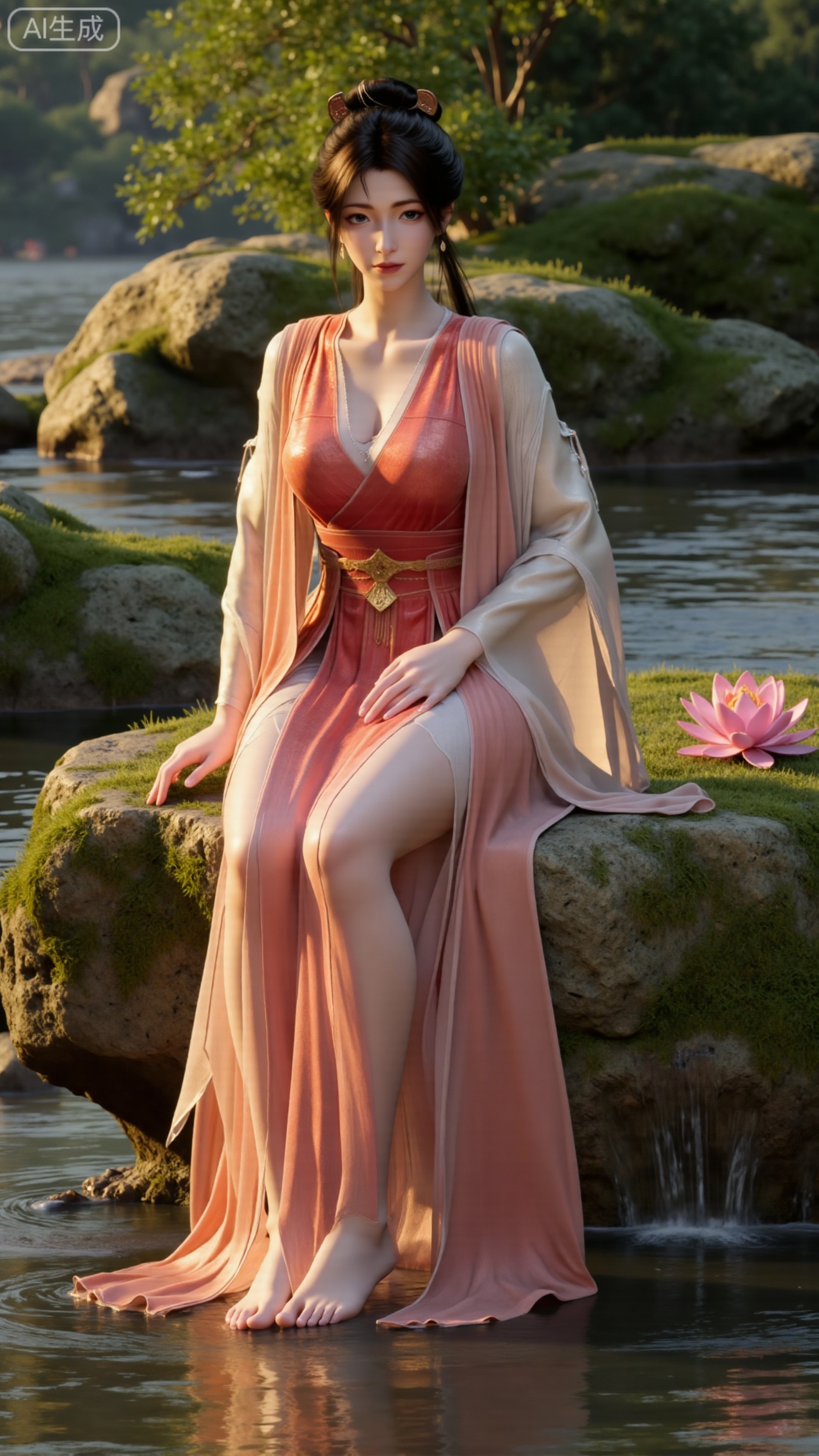 (masterpiece:1.3), ultra-detailed, 8k, photorealistic, best quality, cinematic lighting, volumetric sunlight, soft shadows, subsurface scattering, depth of field,  
A stunning young woman sits gracefully barefoot on a moss-covered rock beside a crystal-clear stream in a tranquil forest. The sunlight filters through the trees, casting dappled golden light on her smooth skin and the rippling water.  
She wears an exquisite long dress with fine pink and gold embroidery across the chest and short sleeves. Her long, dark hair flows naturally over her shoulders, softly illuminated by the warm light.  
Her bare feet touch the cool moss and shallow water, adding a sense of intimacy and realism. One hand rests gently on her hip, while the other holds a blooming lotus flower, her expression calm and serene.  
Mist rises gently from the water, with reflections dancing on the surface, creating a peaceful, ethereal atmosphere.  
(background with mossy stones, flowing stream, forest sunlight, soft haze, and gentle reflections:1.6), (realistic skin texture:1.3), (natural color tones:1.3), (film look:1.2)
(huge breasts:2.99),(full breasts:2.99),,
,XbaifengsongyuYH,Xbigbreasts,,XtianqiongYH,XhanyunzhiXYH,XanmyXY,XmupeilingX,XmupeilingX2,Xchangtui,XmuplXY,XmupeilingXY2,XanmiaoyiXY