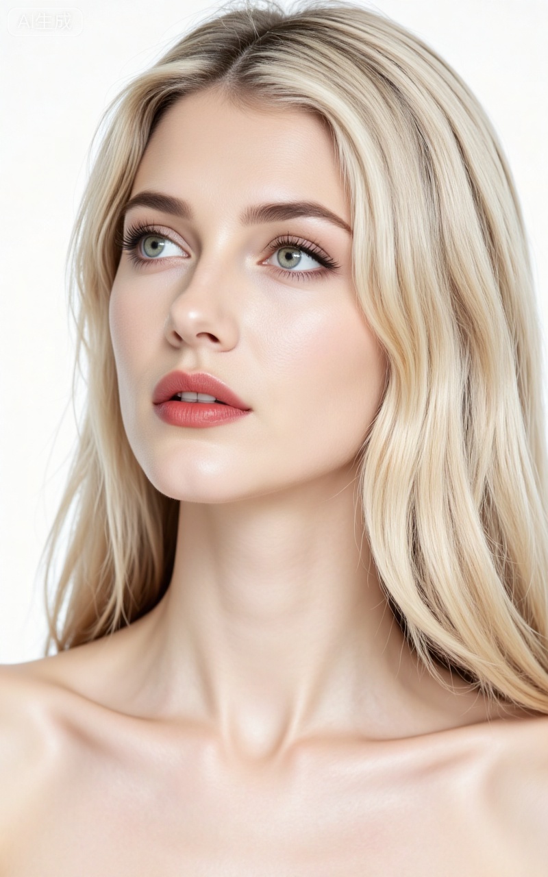 1girl, solo, realistic, blonde hair, lips, long hair, white background, portrait, parted lips, simple background, collarbone, eyelashes, looking up, nose, cover, blue eyes, artist name, magazine cover,
lvjing,meinv,oumei,taozhuang