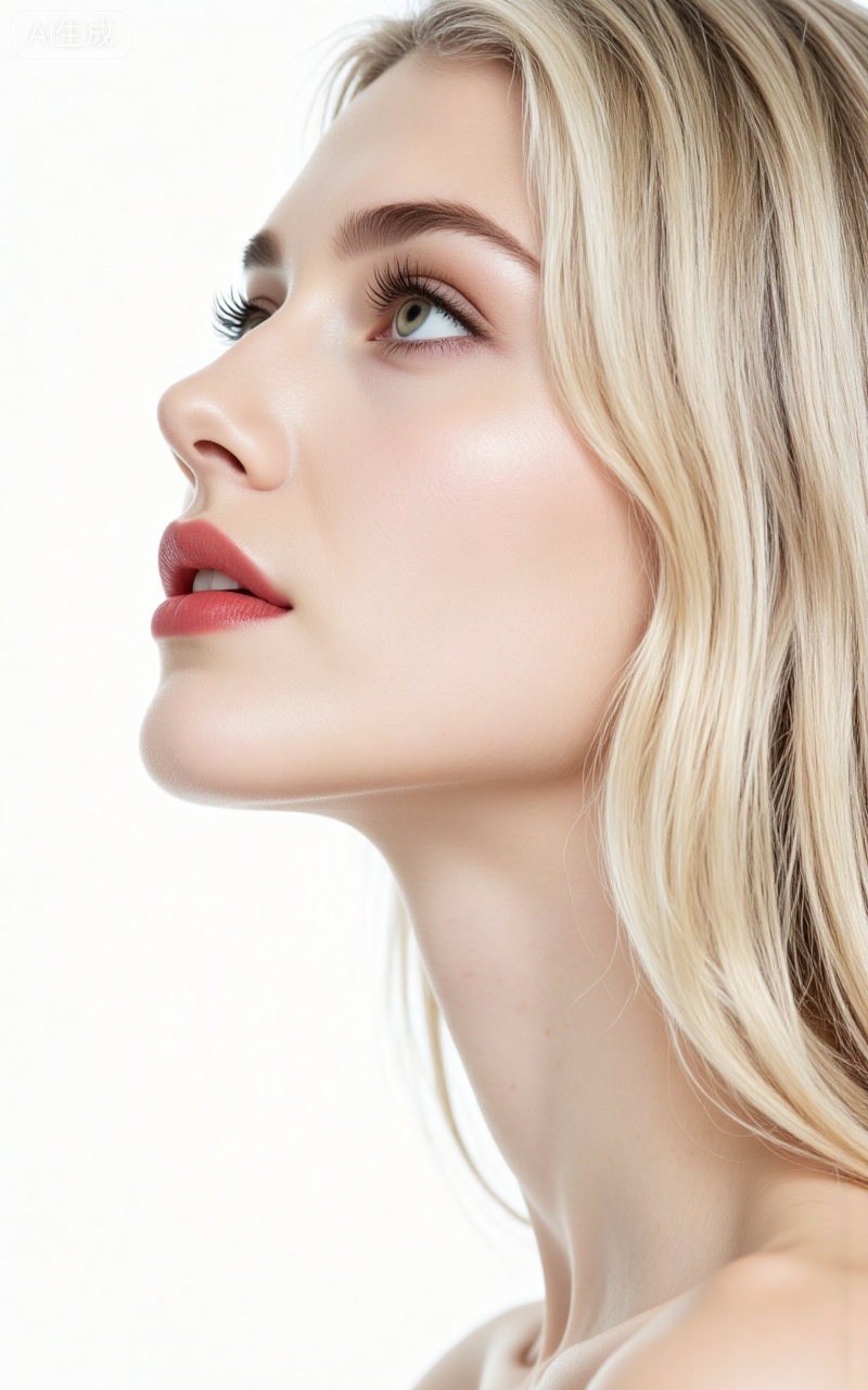 1girl, solo, realistic, blonde hair, white background, lips, portrait, parted lips, simple background, long hair, looking up, red lips, nose, eyelashes, makeup, grey eyes, green eyes, from side, close-up,
lvjing,meinv,oumei,taozhuang
