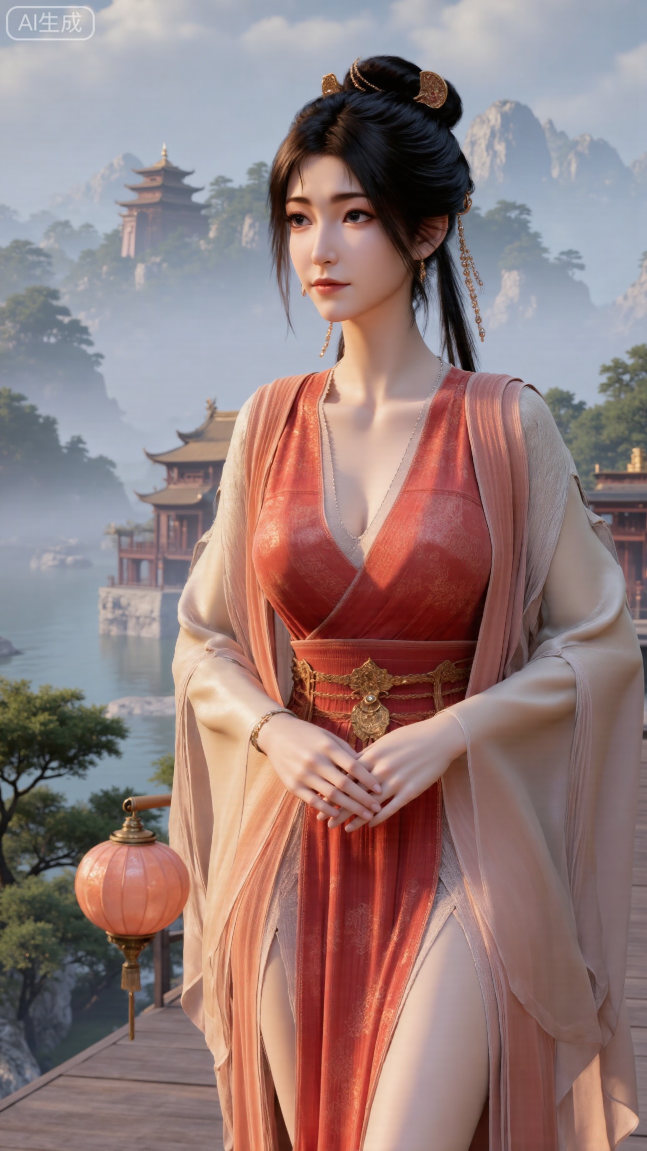 (masterpiece, best quality:1.2),1 girl, solo, long hair, black hair, hair accessories, clothing, cleavage cuts, long dress, jewelry, upper body, earrings. Background is outdoor, sky, clouds, water, trees, architecture, landscape, lantern, mountain, dragon, architecture, bridge, east Asian architecture, fog, pagoda,(huge breasts:2.99),(full breasts:2.99),,Xbigbreasts,XbaifengsongyuYH,XliuyuYH2,XanmyXM,XlanxianYH,XtianqiongYH,Xxiantainvzi,Xchangtui,XmupeilingX2,XanmyXY,XmuplXY,XmupeilingXY2