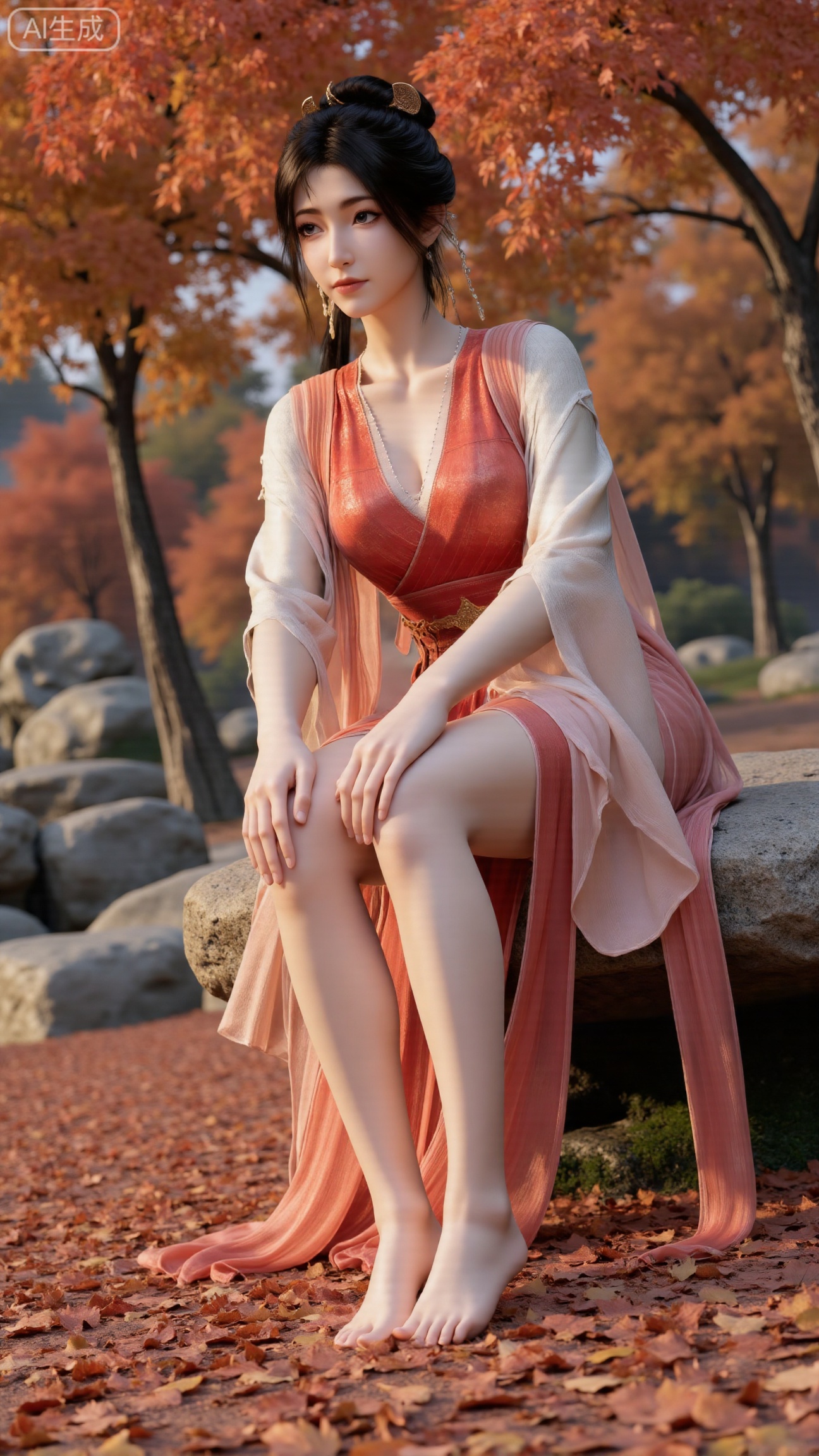 (masterpiece, best quality:1.2),A beautiful woman seated on a stone, barefoot with a close - up of her feet. Taken from a low - angle perspective. Overall Concept: Create a visually stunning, aesthetically pleasing scene where the subject seamlessly blends with the natural environment, facing the viewer directly. The composition fully encompasses the character and the surrounding autumnal foliage, offering an expansive view. The character serves as the focal point, while the fallen leaves enhance the overall ambiance. Key elements include maple trees and fallen leaves. Perspective: The subject looks directly into the camera. Shot from a low - angle, upward perspective, this vantage point clearly showcases the spatial relationship between the character and the fallen leaves on the ground, providing a unique visual experience. Poses: Seated on the stone, one hand rests naturally on her leg, while the other relaxes by her side. Emphasize her delicate hands and fingers.(huge breasts:2.99),(full breasts:2.99),,Xbigbreasts,XbaifengsongyuYH,XliuyuYH2,XanmyXM,XlanxianYH,XtianqiongYH,Xxiantainvzi,Xchangtui,XmupeilingX2,XanmyXY,XmuplXY,XmupeilingXY2