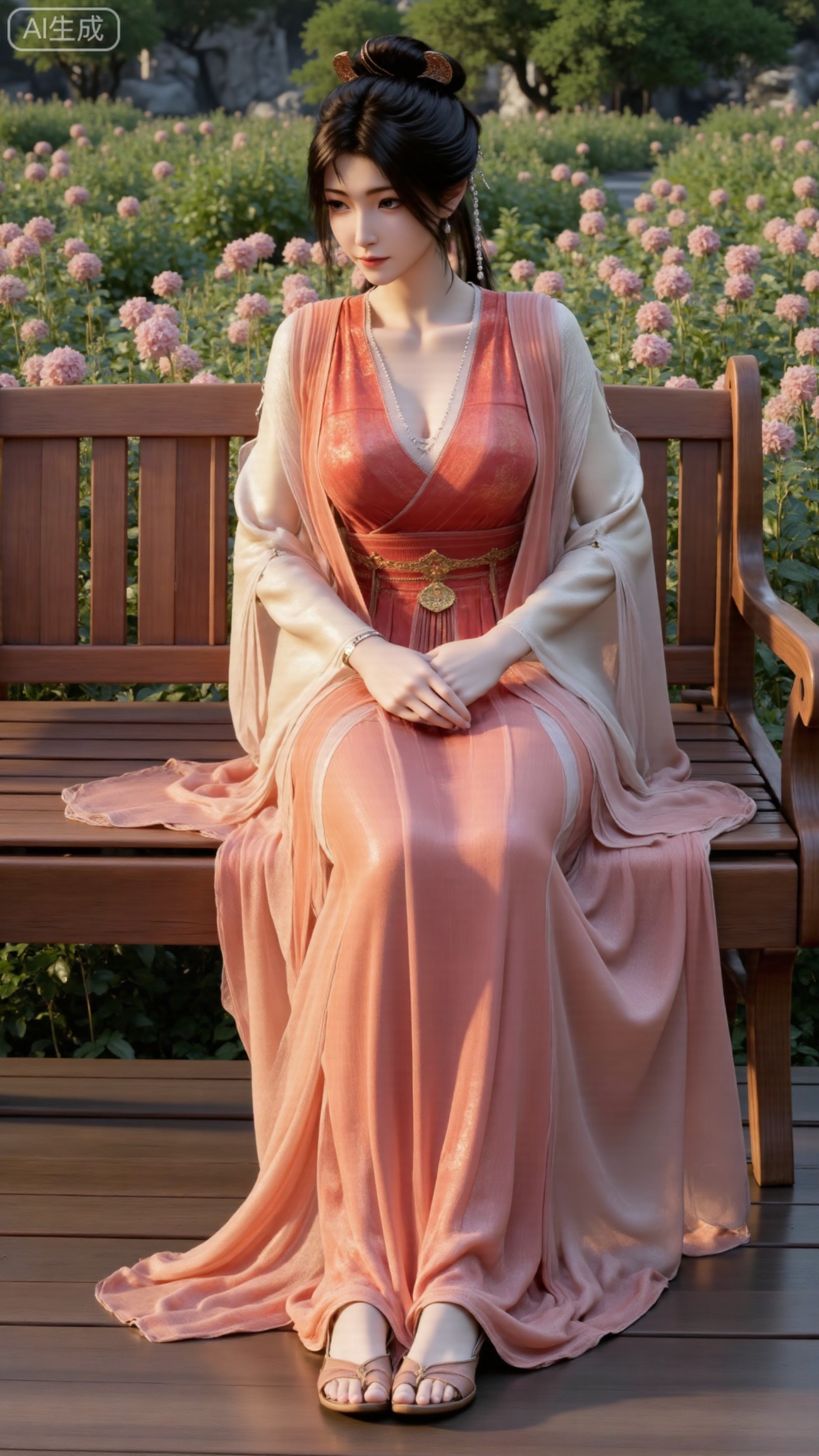 (masterpiece, best quality:1.2),A beauty ,(long hanfu dress), high heels,, paired with a sheer knitted cardigan and Mary Jane shoes. Leaning on a garden bench filled with macaron - colored flowers,.Sunlight filters through the leaves onto her face, creating a lazy and gentle atmosphere, and her skirt sways softly in the breeze. 8K resolution, detailed texture of knitted fabric, lustrous pearl texture, vivid flower colors, soft natural light, Instagram - style filter texture.,(huge breasts:2.99),(full breasts:2.99),,Xbigbreasts,XbaifengsongyuYH,XliuyuYH2,XanmyXM,XlanxianYH,XtianqiongYH,Xxiantainvzi,Xchangtui,XmupeilingX2,XanmyXY,XmuplXY,XmupeilingXY2