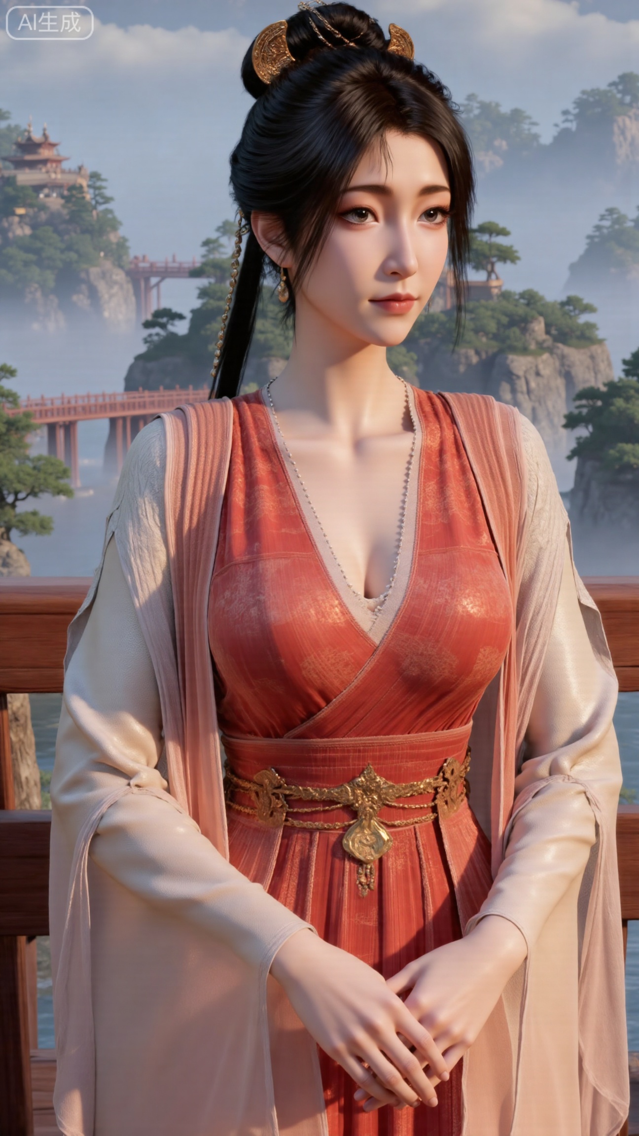 (masterpiece, best quality:1.2),1 girl, solo, long hair, black hair, hair accessories, clothing, cleavage cuts, long dress, jewelry, upper body, earrings. Background is outdoor, sky, clouds, water, trees, architecture, landscape, lantern, mountain, dragon, architecture, bridge, east Asian architecture, fog, pagoda,(huge breasts:2.99),(full breasts:2.99),,Xbigbreasts,XbaifengsongyuYH,XliuyuYH2,XanmyXM,XlanxianYH,XtianqiongYH,Xxiantainvzi,Xchangtui,XmupeilingX2,XanmyXY,XmuplXY,XmupeilingXY2