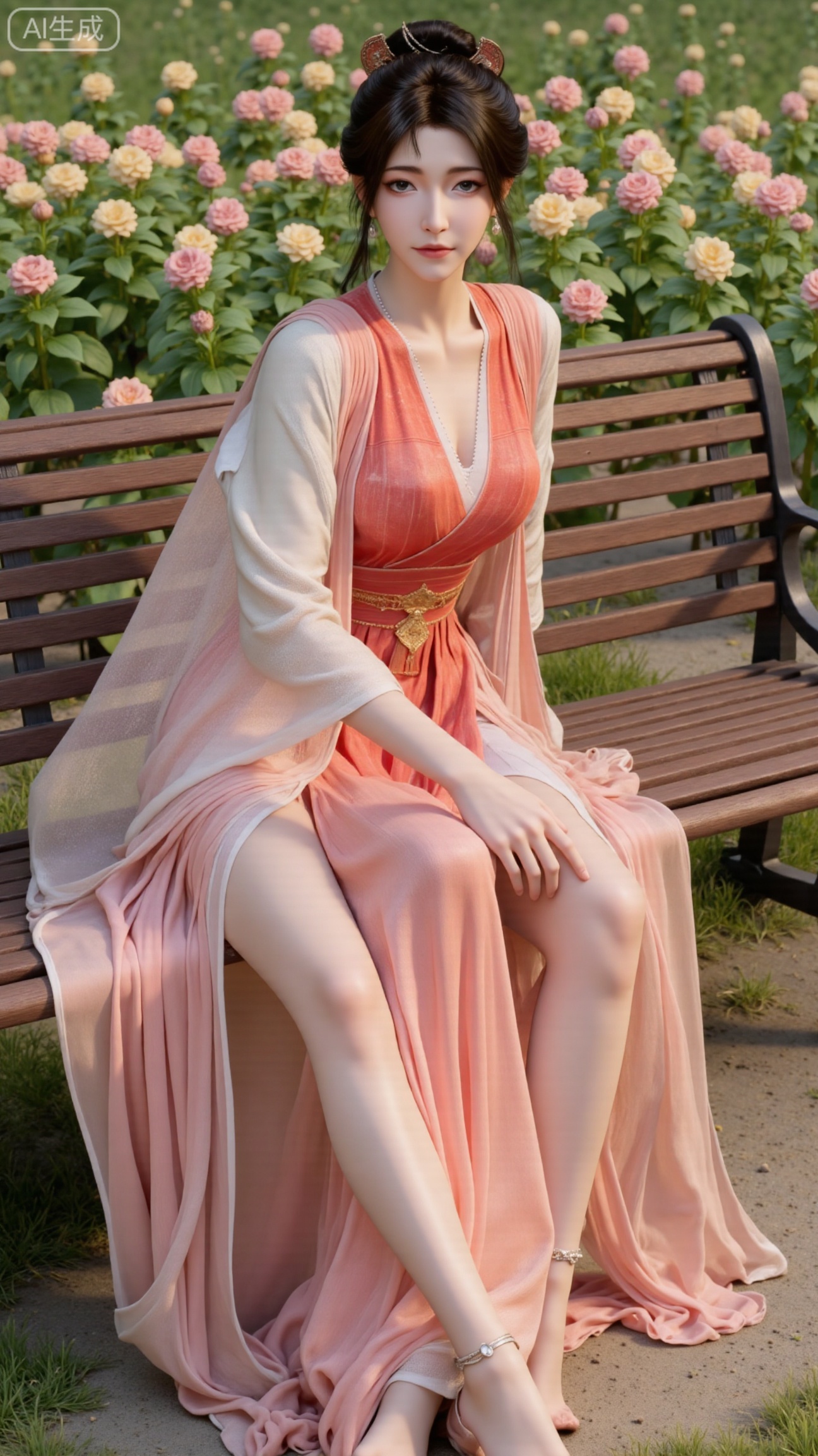 (masterpiece, best quality:1.2),A beauty ,(long hanfu dress), high heels,, paired with a sheer knitted cardigan and Mary Jane shoes. Leaning on a garden bench filled with macaron - colored flowers,.Sunlight filters through the leaves onto her face, creating a lazy and gentle atmosphere, and her skirt sways softly in the breeze. 8K resolution, detailed texture of knitted fabric, lustrous pearl texture, vivid flower colors, soft natural light, Instagram - style filter texture.,(huge breasts:2.99),(full breasts:2.99),,Xbigbreasts,XbaifengsongyuYH,XliuyuYH2,XanmyXM,XlanxianYH,XtianqiongYH,Xxiantainvzi,Xchangtui,XmupeilingX2,XanmyXY,XmuplXY,XmupeilingXY2