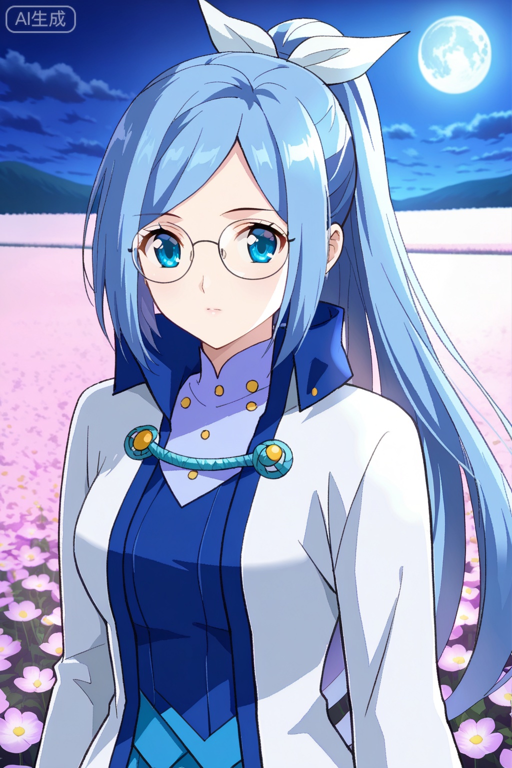 flower field,flower field,



upper body,looking at viewer,

叶欣蓝,masterpiece,best quality,official art,extremely detailed CG unity 8k wallpaper,1girl, solo, blue hair, long hair, ponytail, hair ribbon, glasses, round glasses, blue eyes, anime stylemagic academy uniform, scholar, elegant, white and blue outfit, high collar, long sleeves, white sleeves, layered clothing, blue skirt, white robe, formal dress,