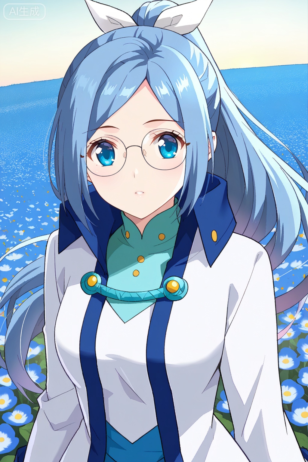 flower field,flower field,



upper body,looking at viewer,

叶欣蓝,masterpiece,best quality,official art,extremely detailed CG unity 8k wallpaper,1girl, solo, blue hair, long hair, ponytail, hair ribbon, glasses, round glasses, blue eyes, anime stylemagic academy uniform, scholar, elegant, white and blue outfit, high collar, long sleeves, white sleeves, layered clothing, blue skirt, white robe, formal dress,