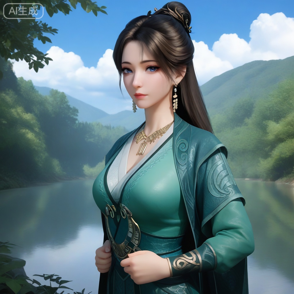 masterpiece,highres,absurdres,best quality,8K,high-res detailed,
perfect eyes, long eyelashes,
mupeiling, blurry, 1girl, solo, long hair, looking at viewer, blue eyes, brown hair, black hair, long sleeves, shiny hair, closed mouth, jewelry, earrings, gold necklace, hair bun, realistic, tassel pendant, embroidered green attire, high ponytail,
skirt, chinese clothes,
day, outdoors, nature, sky, cloud, aged up, mature female,