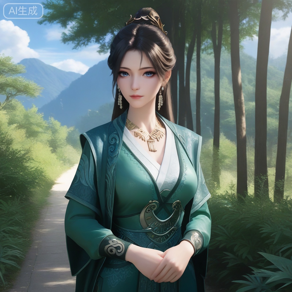 masterpiece,highres,absurdres,best quality,8K,high-res detailed,
perfect eyes, long eyelashes,
mupeiling, blurry, 1girl, solo, long hair, looking at viewer, blue eyes, brown hair, black hair, long sleeves, shiny hair, closed mouth, jewelry, earrings, gold necklace, hair bun, realistic, tassel pendant, embroidered green attire, high ponytail,
skirt, chinese clothes,
day, outdoors, nature, sky, cloud, aged up, mature female,