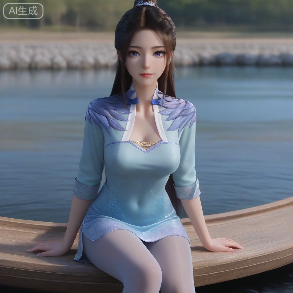 perfect eyes, long eyelashes,
ziling, 1girl, solo, long hair, looking at viewer, blue eyes, brown hair, black hair, closed mouth, purple eyes, mole, eyelashes, lips, mole under eye, realistic,
masterpiece,highres,absurdres,best quality,8K,high-res detailed, pantyhose, shorts, lace shorts, see-through pantyhose,
no slits, skirt, closed skirt, modest design, skirt length knee-length or above, smooth skin, youthful expression, minimal makeup,
22-year-old model, (light blue gradient cheongsam:1.3), fabric flowing like water, (sitting on a riverbank:1.2), sleeves rolled up showing slender wrists, (reflection blending with real figure in water:1.1), (blue ribbon in hair:1.1), blurred background of wooden boats and egrets, sparkling water surface effect,