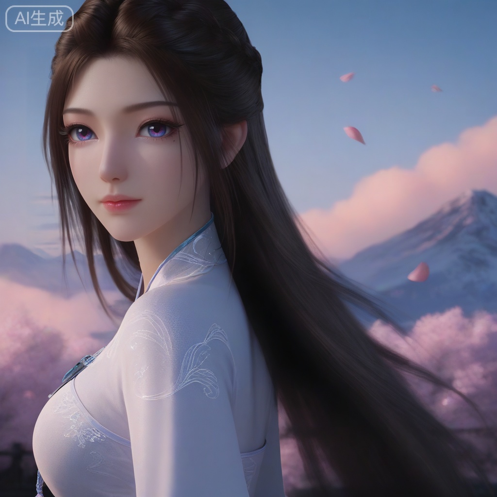 perfect eyes, long eyelashes,
ziling, 1girl, solo, long hair, looking at viewer, blue eyes, brown hair, black hair, closed mouth, purple eyes, mole, eyelashes, lips, mole under eye, realistic,
masterpiece,highres,absurdres,best quality,8K,high-res detailed, alternate costume,
A 24-year-old mystical woman in a flowing jade-green silk cheongsam with cloud and crane embroidery. The cheongsam has wide sleeves and a loose, ethereal silhouette. She stands on a mountaintop at dawn, surrounded by floating mist and cherry blossom petals. One hand holds a glowing jade pendant, the other extends gracefully. Soft golden and pink sunrise light creates a celestial, otherworldly atmosphere. Shallow depth of field, fantasy cosplay photography,