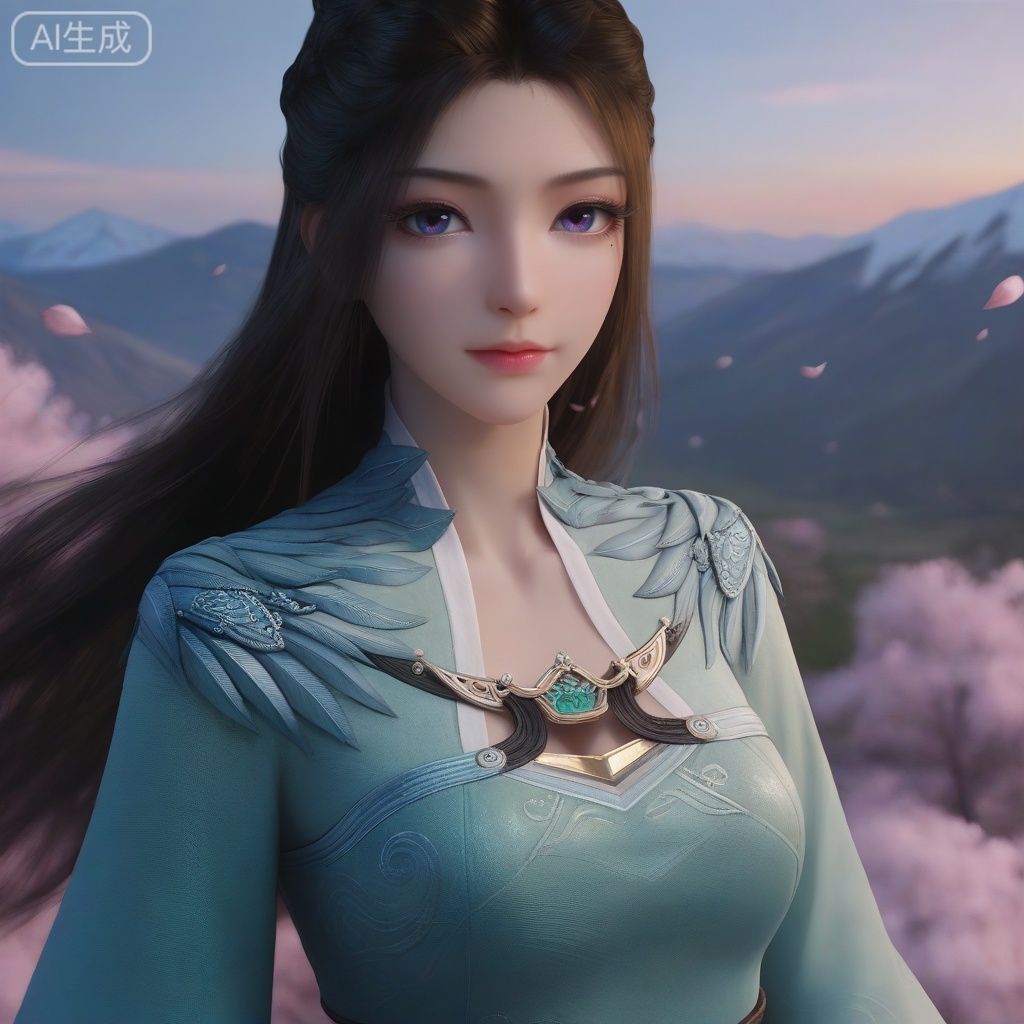 perfect eyes, long eyelashes,
ziling, 1girl, solo, long hair, looking at viewer, blue eyes, brown hair, black hair, closed mouth, purple eyes, mole, eyelashes, lips, mole under eye, realistic,
masterpiece,highres,absurdres,best quality,8K,high-res detailed, alternate costume,
A 24-year-old mystical woman in a flowing jade-green silk cheongsam with cloud and crane embroidery. The cheongsam has wide sleeves and a loose, ethereal silhouette. She stands on a mountaintop at dawn, surrounded by floating mist and cherry blossom petals. One hand holds a glowing jade pendant, the other extends gracefully. Soft golden and pink sunrise light creates a celestial, otherworldly atmosphere. Shallow depth of field, fantasy cosplay photography,