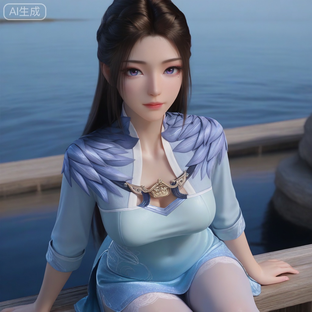 perfect eyes, long eyelashes,
ziling, 1girl, solo, long hair, looking at viewer, blue eyes, brown hair, black hair, closed mouth, purple eyes, mole, eyelashes, lips, mole under eye, realistic,
masterpiece,highres,absurdres,best quality,8K,high-res detailed, pantyhose, shorts, lace shorts, see-through pantyhose,
no slits, skirt, closed skirt, modest design, skirt length knee-length or above, smooth skin, youthful expression, minimal makeup,
22-year-old model, (light blue gradient cheongsam:1.3), fabric flowing like water, (sitting on a riverbank:1.2), sleeves rolled up showing slender wrists, (reflection blending with real figure in water:1.1), (blue ribbon in hair:1.1), blurred background of wooden boats and egrets, sparkling water surface effect,