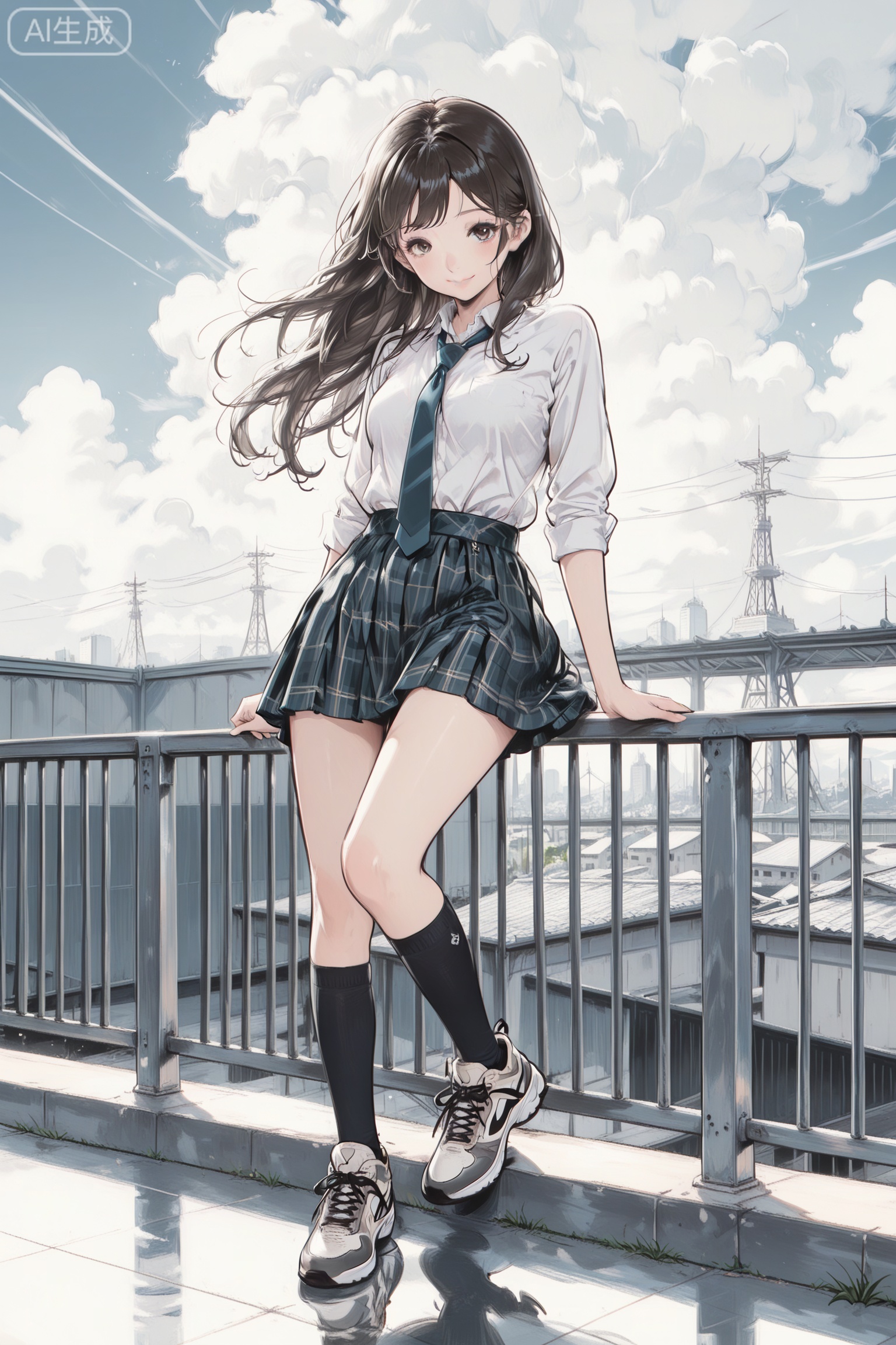  Digital art,illustration,masterpiece,best quality,art_syd style,line art,
(masterpiece,best quality),(good structure),(Good composition),(clear, original,beautiful),
1girl,solo,three-quarter view,3/4 body framing,eye-level,white shirt,plaid skirt,necktie,knee socks,sneakers,hair lifted by breeze,hand on railing,natural smile,clear skyline,soft cloud bands, after-school light,warm key + subtle rim,neat rooftop fence,medium shot