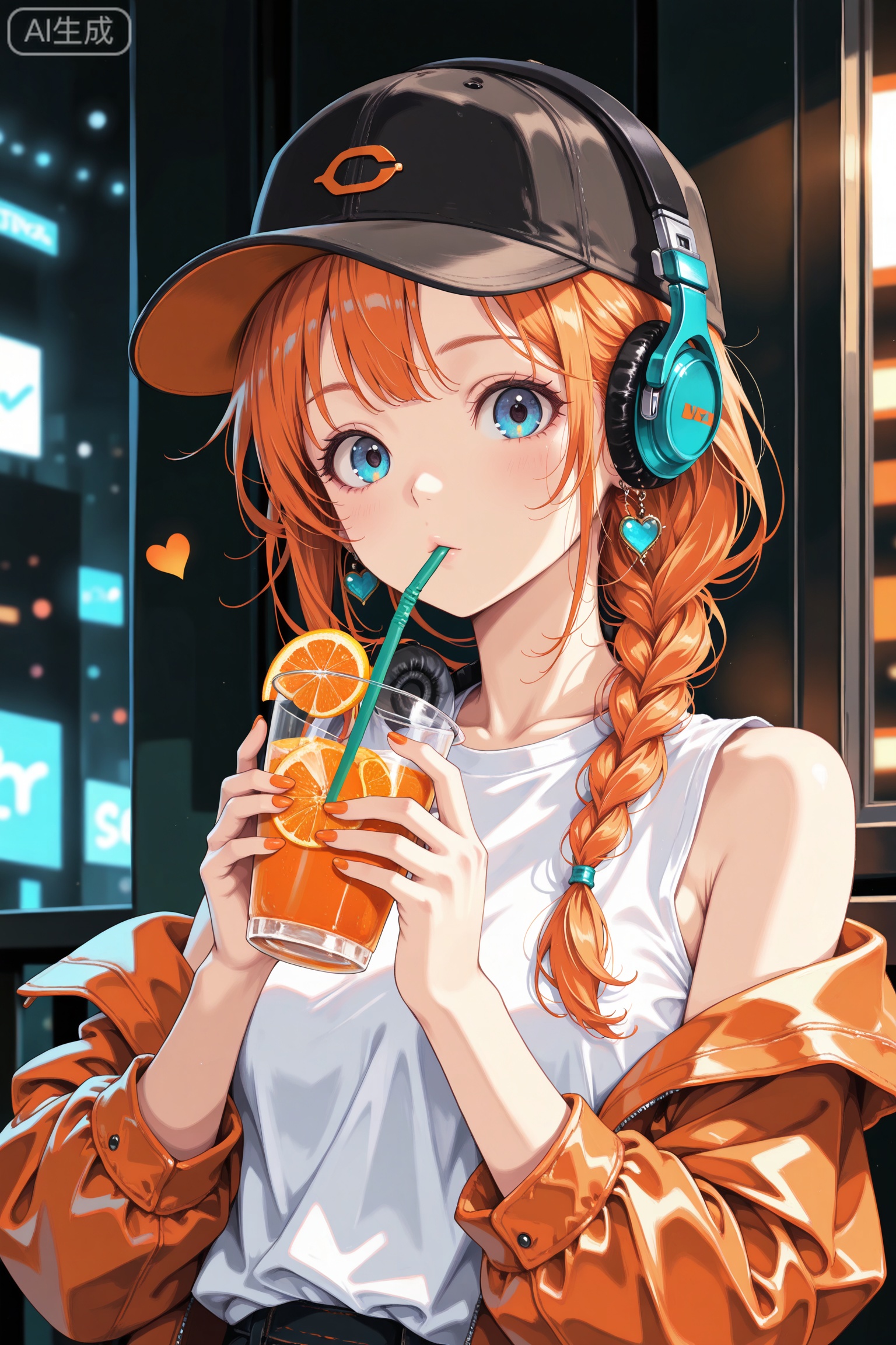  Digital art,illustration,masterpiece,best quality,art_syd style,line art,
1girl,solo,headphones,hat,orange hair,drinking straw,fruit,braid,holding,orange (fruit),cup,orange slice,blue eyes,jacket,food,heart,jewelry,earrings,drink,looking at viewer,baseball cap,orange theme,upper body,off shoulder,shirt,sleeveless,orange nails,holding cup,white shirt,sleeveless shirt,orange jacket,single braid,
//Digital art,illustration,masterpiece,best quality,
Delicate eyes,delicate face,
extremely detailed CG unity 8k wallpaper,extremely detailed,High Detail,vibrant colors,absolutely eye-catching,ambient occlusion,raytracing,best quality,amazing quality,very aesthetic,absurdres,available light,Cinematic Lighting,depth of field,newest,