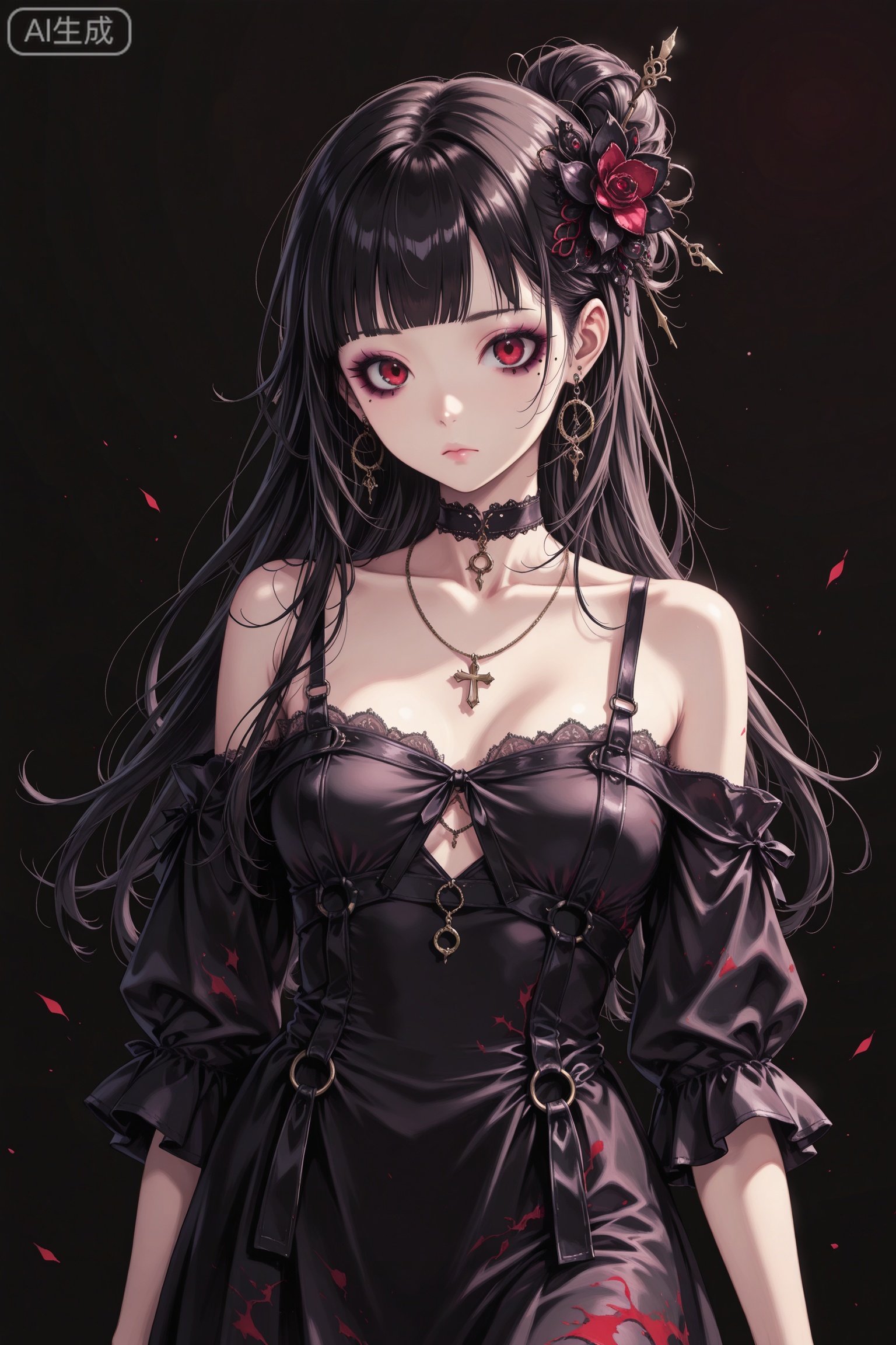  Digital art,illustration,masterpiece,best quality,art_syd style,line art,
ink painting,Goth girl,1girl,solo,2d,looking at viewer,long hair,bangs,simple background,black hair,red eyes,bare shoulders,jewelry,closed mouth,collarbone,earrings,choker,blunt bangs,necklace,makeup,cowboy shot,mole under eyes,single hair bun,hair flowers,Hairpin,Cross shaped shoulder straps for dress,