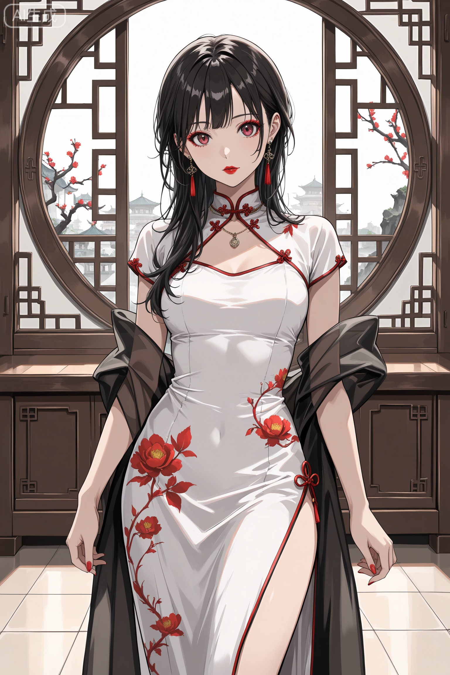  Digital art,illustration,masterpiece,best quality,art_syd style,line art,art_syd style,art_shuimo style,
(masterpiece,best quality),(good structure),(Good composition),(clear, original,beautiful),
1girl,solo,jewelry,dress,earrings,red nails,chinese clothes,red lips,white dress,shawl,necklace,standing,nail polish,lipstick,makeup,black hair,china dress,indoors,looking at viewer,