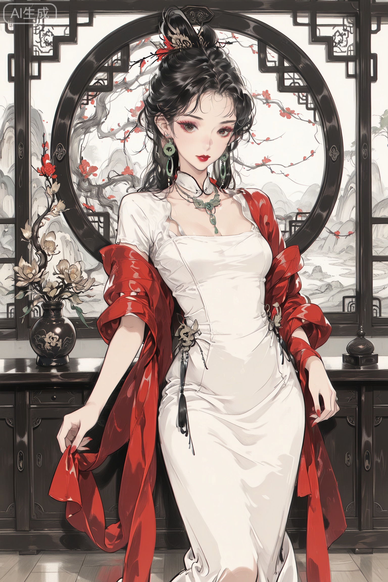  Digital art,illustration,masterpiece,best quality,art_syd style,line art,
(masterpiece,best quality),(good structure),(Good composition),(clear, original,beautiful),
1girl,solo,jewelry,dress,earrings,red nails,chinese clothes,red lips,white dress,shawl,necklace,standing,nail polish,lipstick,makeup,black hair,china dress,indoors,looking at viewer,