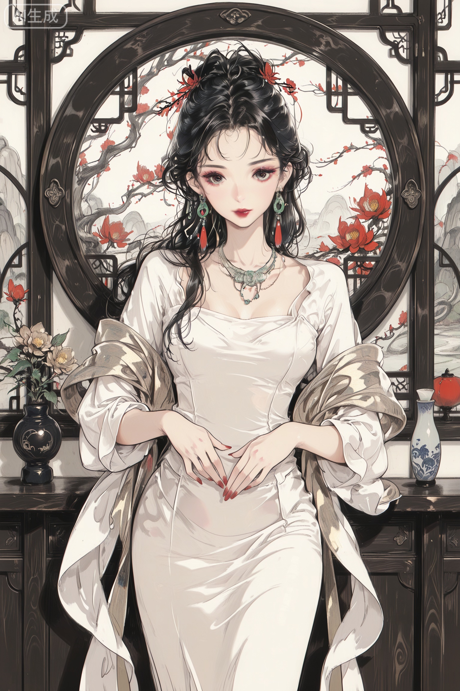  Digital art,illustration,masterpiece,best quality,art_syd style,line art,
(masterpiece,best quality),(good structure),(Good composition),(clear, original,beautiful),
1girl,solo,jewelry,dress,earrings,red nails,chinese clothes,red lips,white dress,shawl,necklace,standing,nail polish,lipstick,makeup,black hair,china dress,indoors,looking at viewer,